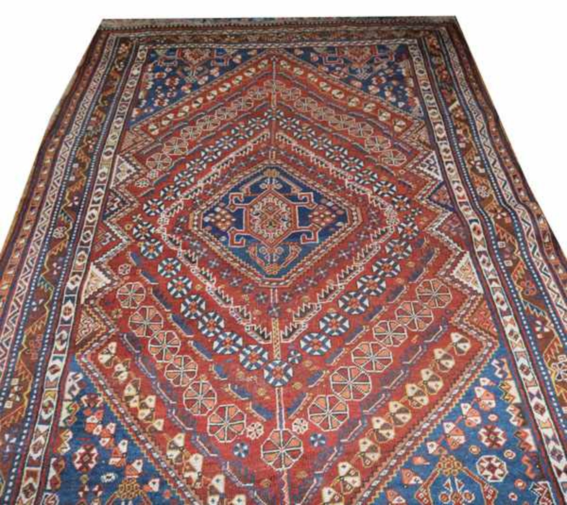 Teppich, Shiraz, blau/braun/beige, teils abgetreten und beschädigt, 259 cm x 162 cm