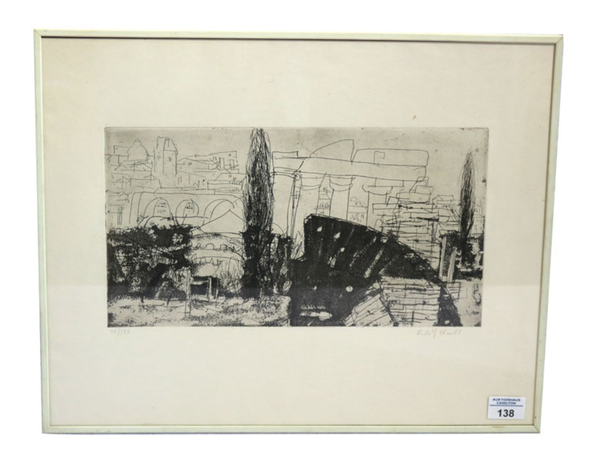 Lithographie 'Prag', signiert Rudolf Hradil, * 1925 Salzburg + 1007 Wien, unter Glas gerahmt,