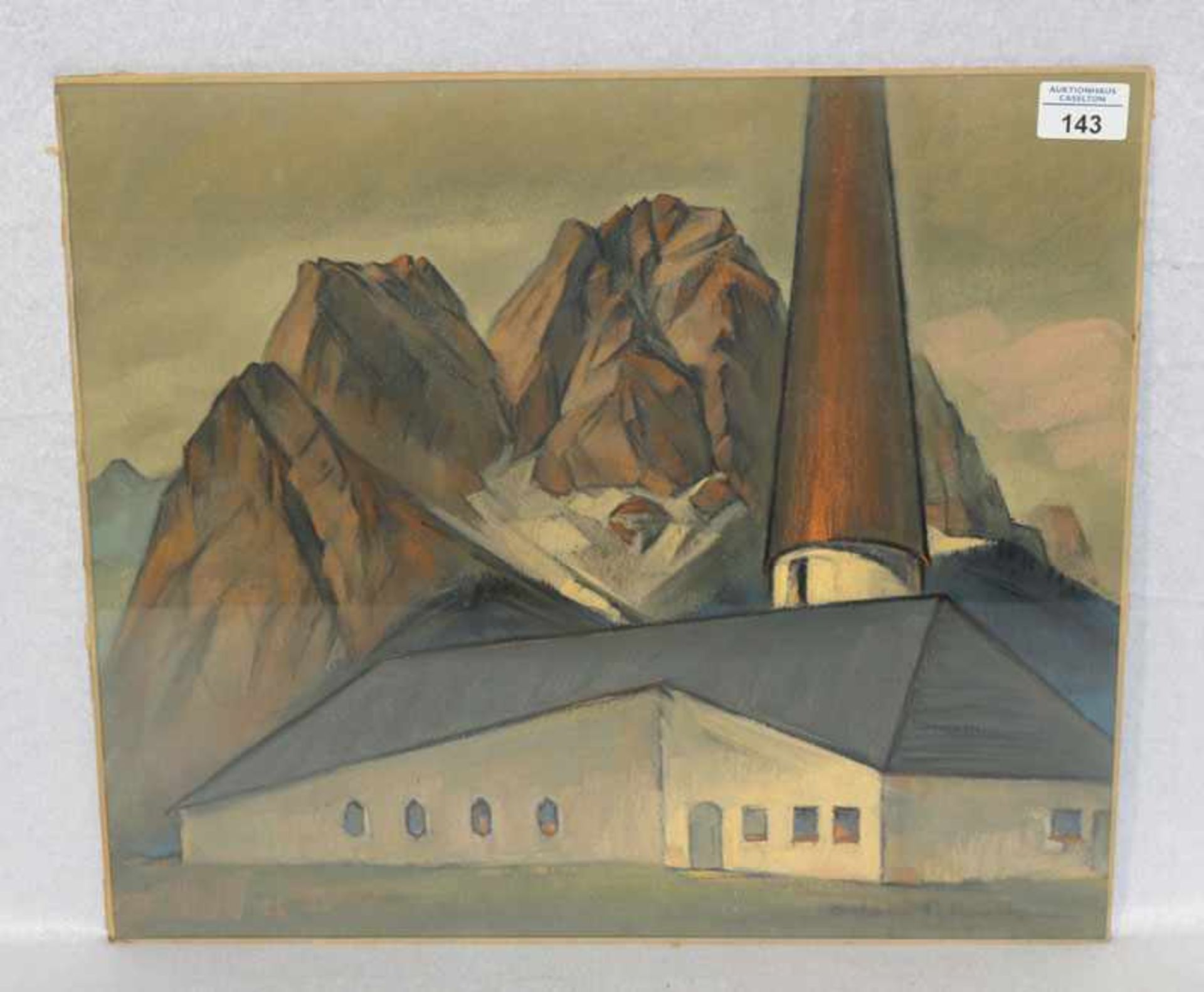 Gemälde Pastell 'Ev. Kirche in Grainau mit Waxensteinen', signiert Oskar Schultz, * 11.5.1892 Warwen