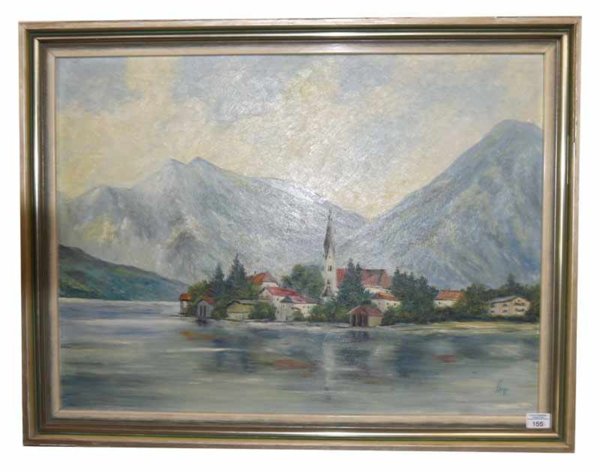 Gemälde ÖL/Karton 'Tegernsee', signiert Giese ?. gerahmt, Rahmen beschädigt, incl. Rahmen 70 cm x 91