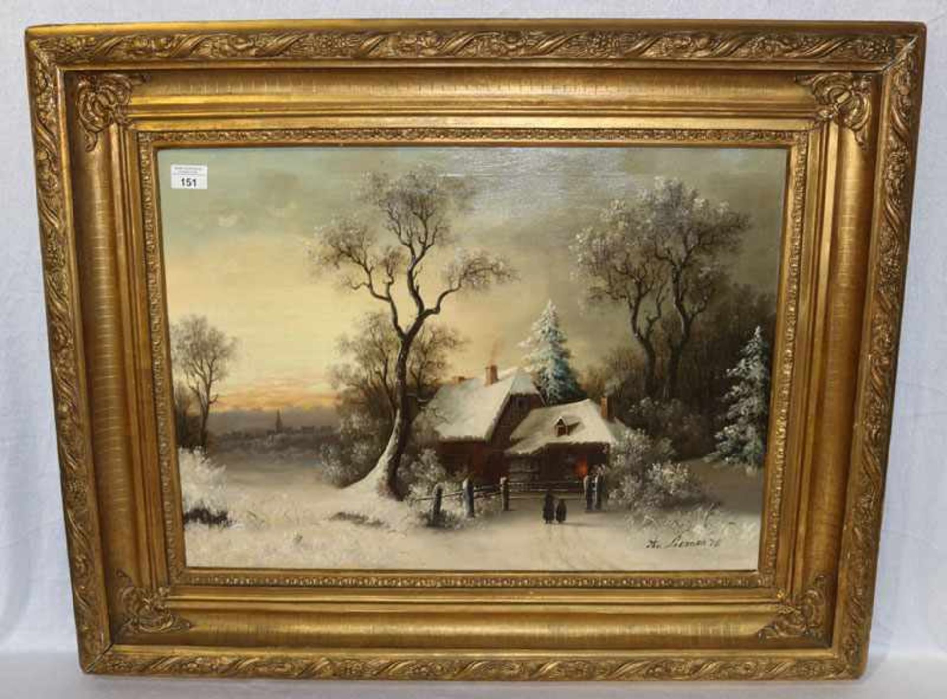 Gemälde ÖL/LW 'Winterlandschaft mit Haus', signiert A. Leman ?, datiert 76, gerahmt, Rahmen