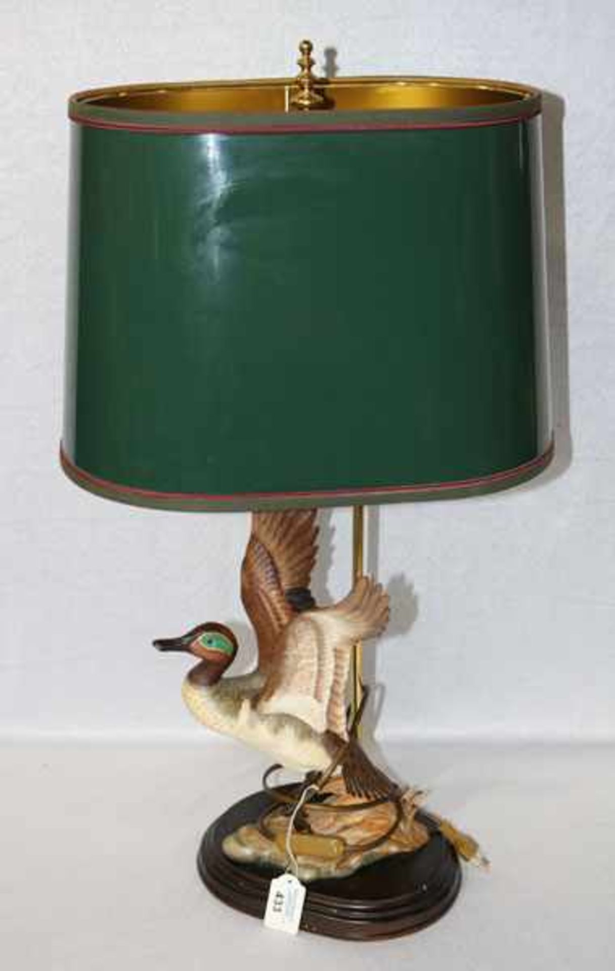 Tischlampe mit plastischer Ente und grünem Lackschirm, H 68 cm, B 43 cm, T 26 cm, Gebrauchsspuren