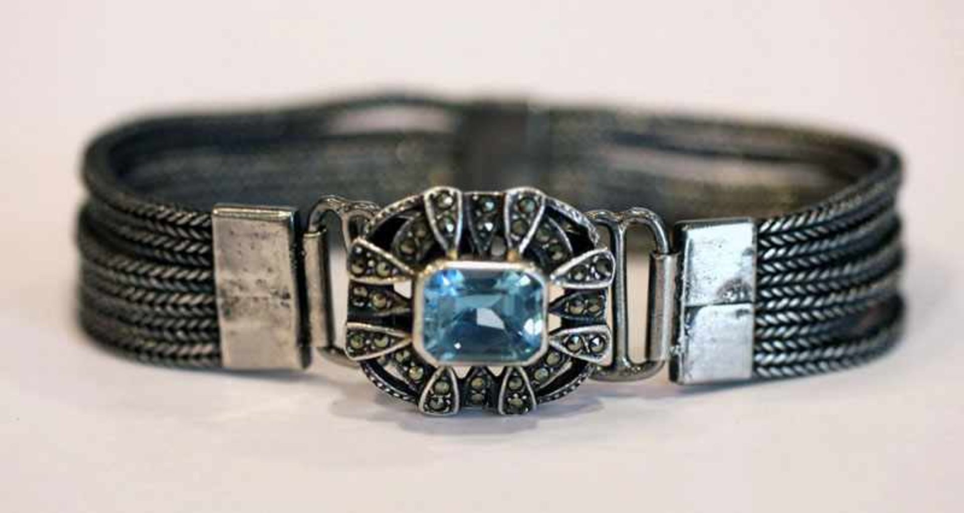 Sterlingsilber Armband, Schließe mit blauem Glasstein und Markasiten, L 17 cm, Tragespuren