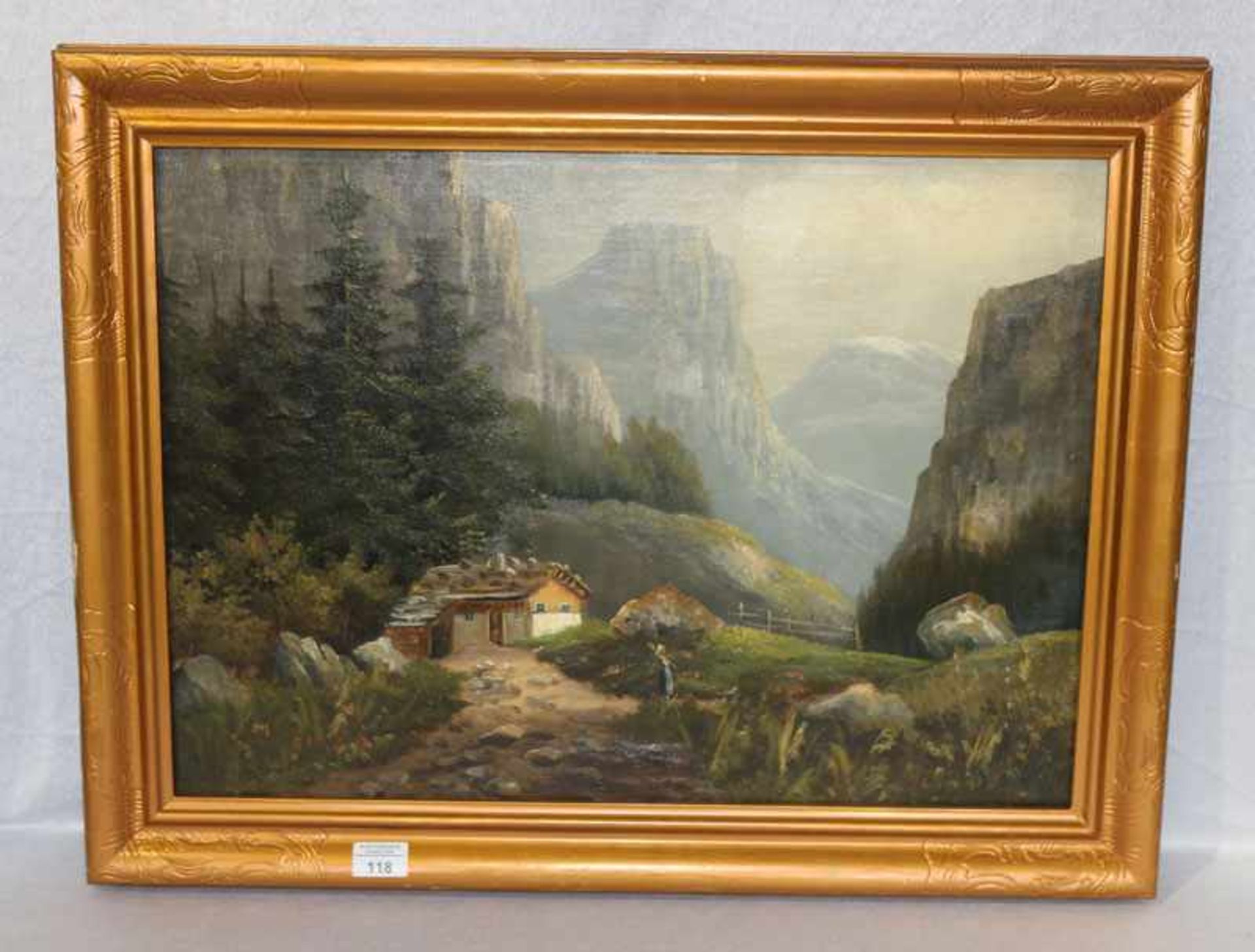 Gemälde ÖL/LW 'Haus im Hochgebirge', gerahmt, Rahmen beschädigt, ncl. Rahmen 60 cm x 76 cm