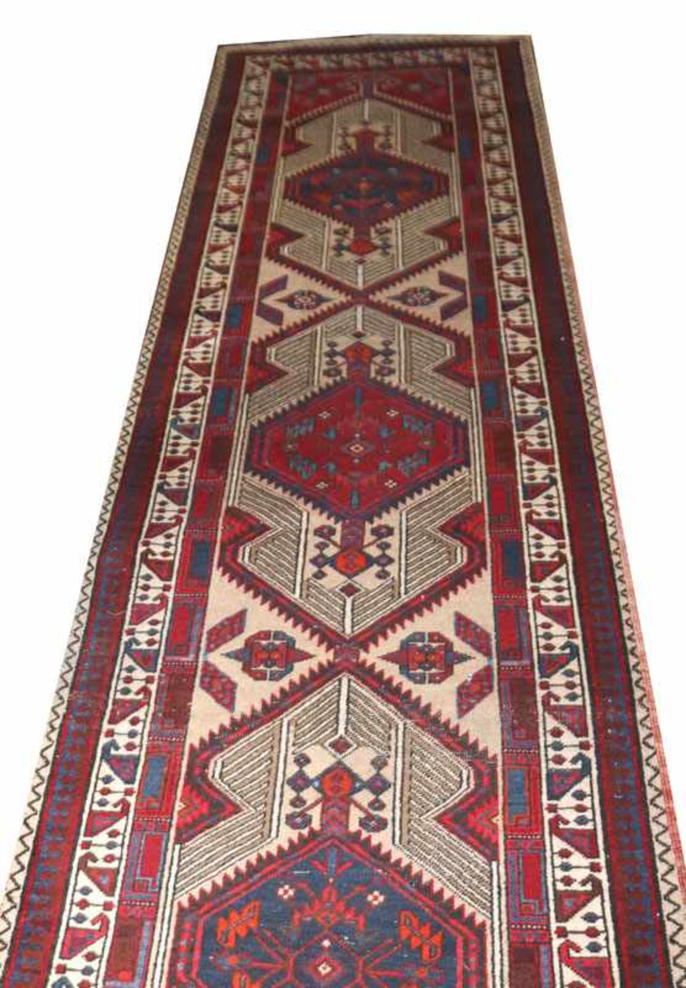 Läufer, Afshar, dunkelblau/rot/beige, Gebrauchsspuren, 420 cm x 95 cm