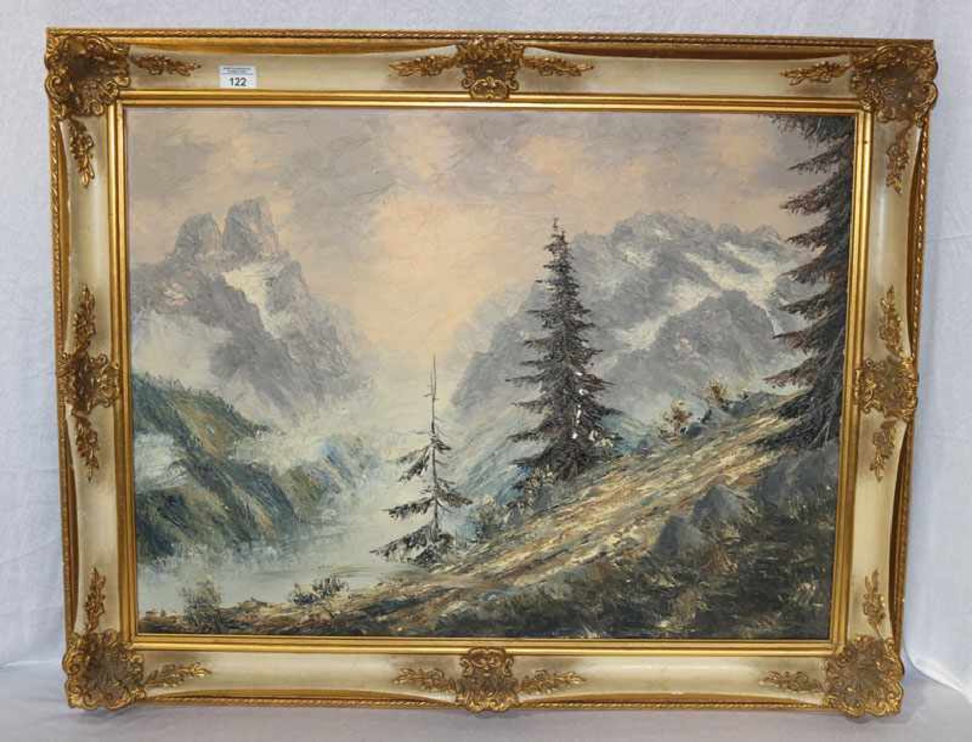 Gemälde ÖL/LW 'Hochgebirgslandschaft in Oberstdorf', signiert Riedl, LW hat Farbablösungen, gerahmt,