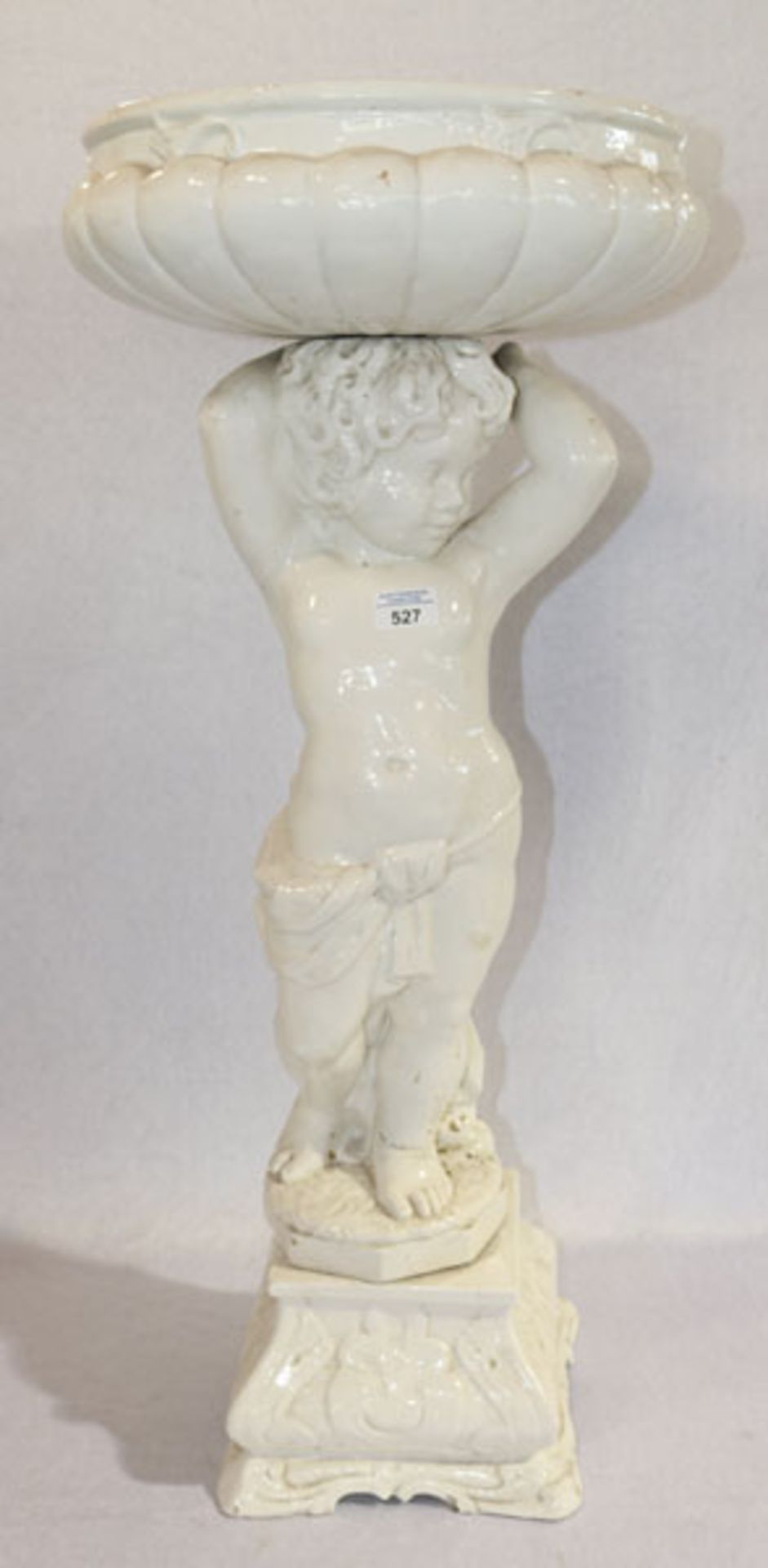 Keramik Schale auf figürlichem Fuß, Puttendarstellung, auf Sockel, weiß glasiert, H 87,5 cm, D 38