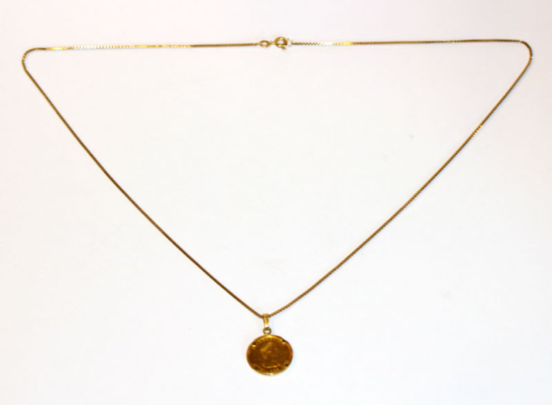 Münzanhänger, 1/10 Unze Mapleleafe Canada Münze, gafaßt am 8 k Gelbgold Kette, L 50 cm