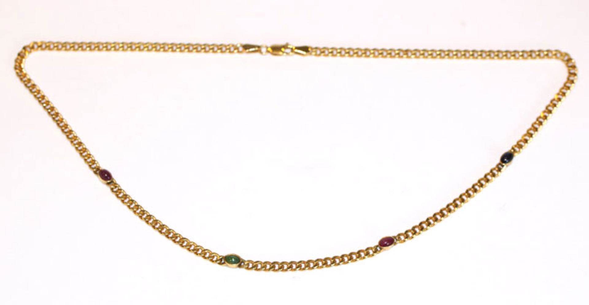 8 k Gelbgold Flachpanzer-Kette mit Rubin,- Safir- und Smaragd-Cabochons, L 42 cm, 8,1 gr., passend