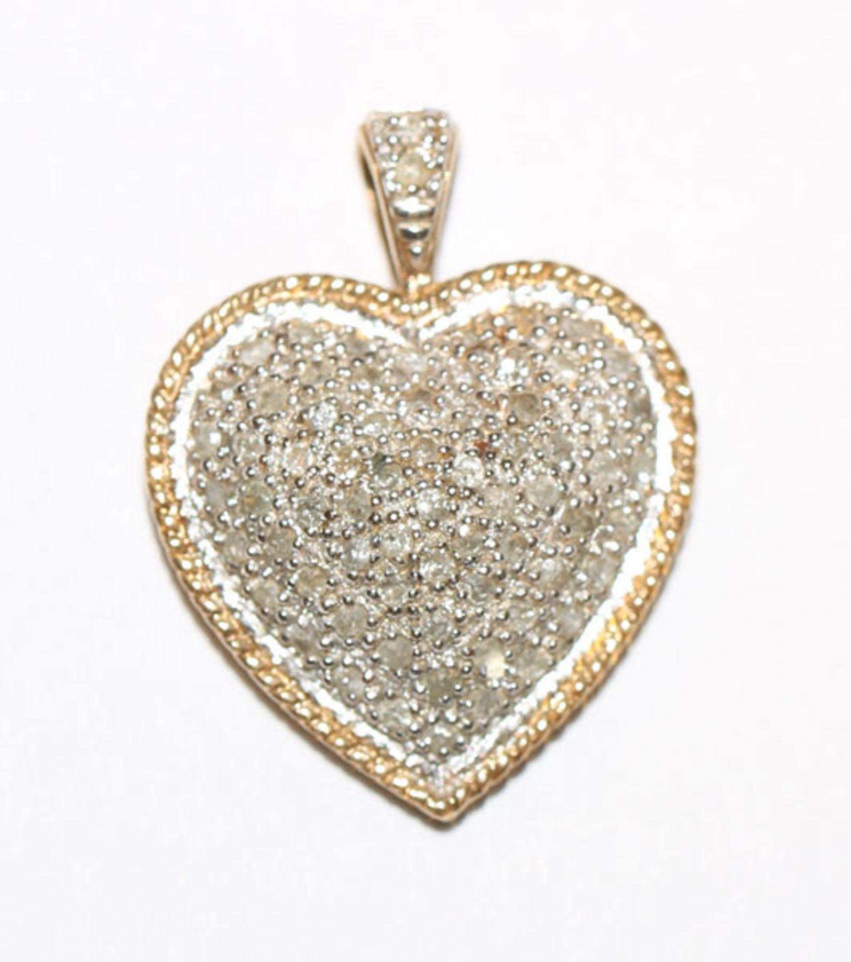 10 k Weiß- und Gelbgold Herz-Anhänger mit Diamanten besetzt, L 2,5 cm