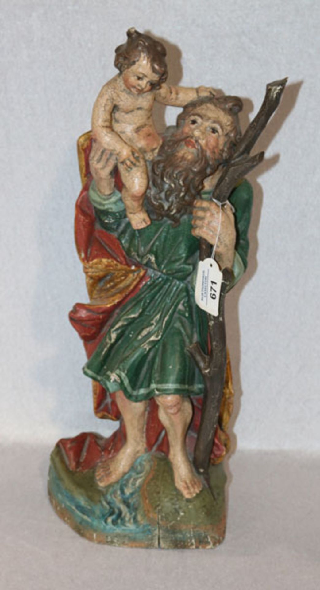 Holz Figurenskulptur 'Heiliger Christophorus', farbig gefaßt, H 50 cm, B 20 cm, T 11 cm,