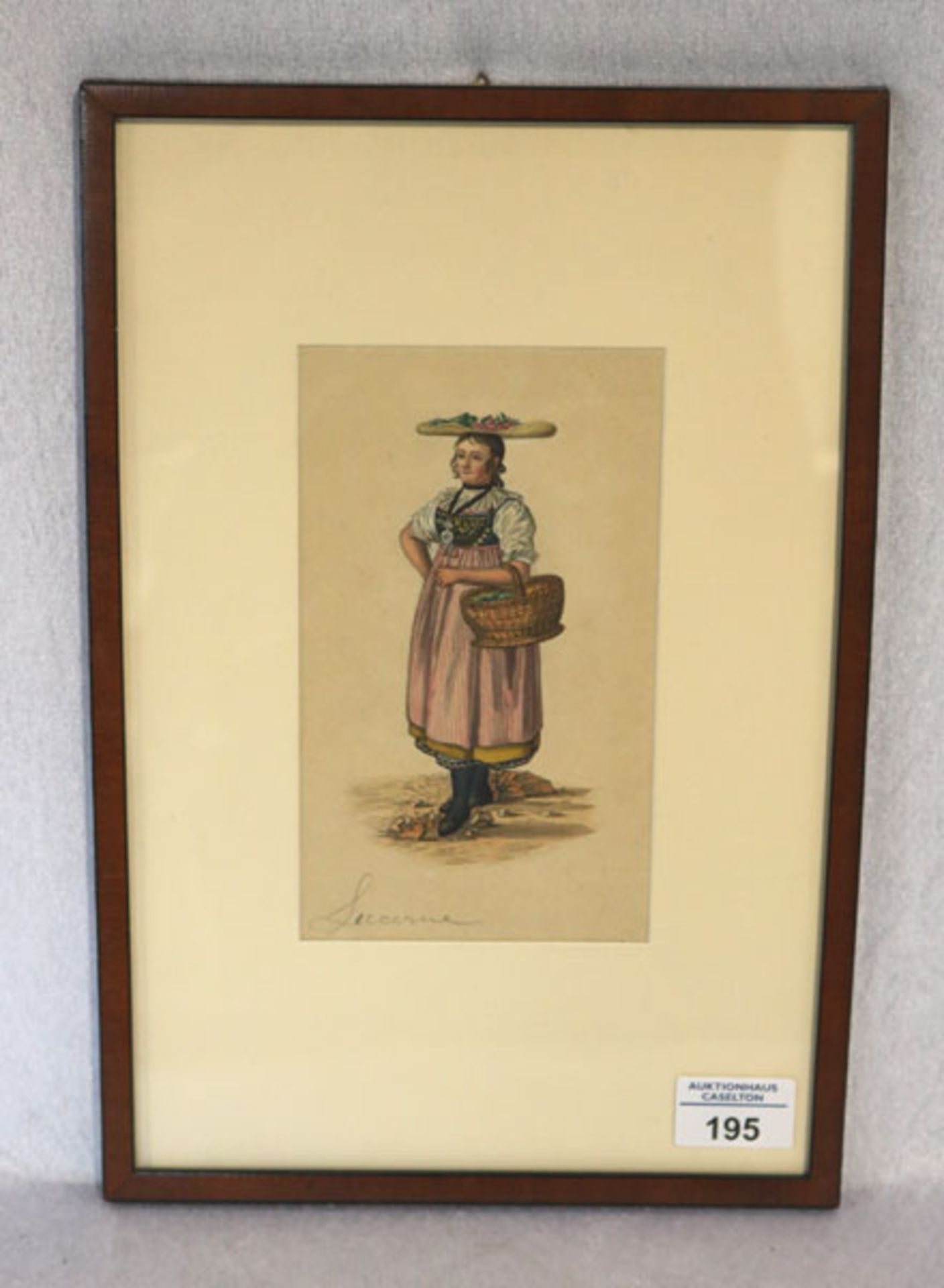 Aquarell 'Luzernerin mit Obstkorb', Luzerner Tracht um 1830/40, wohl Entwurf für eine Litho/