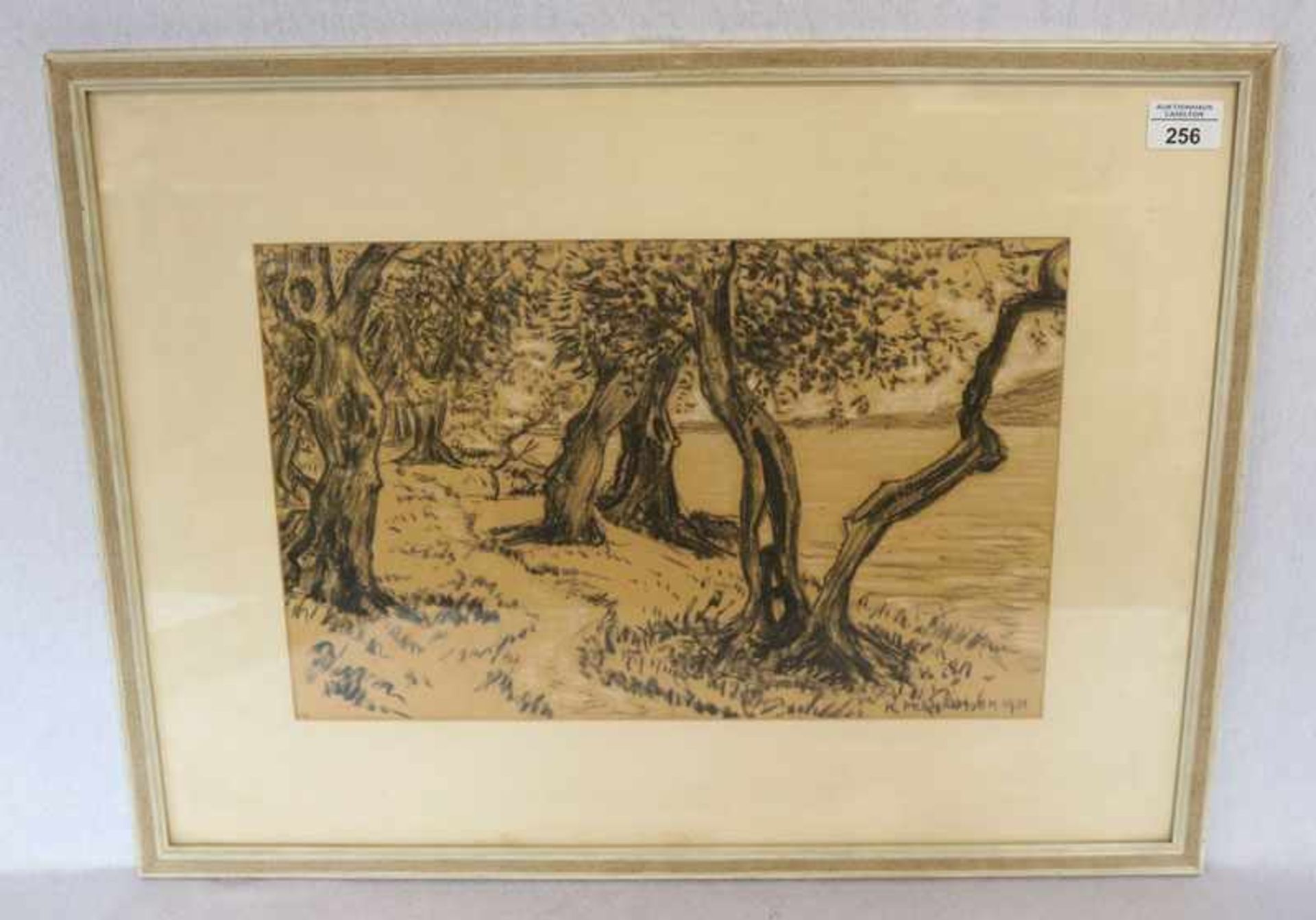 Kreidezeichnung mit Weißhöhung auf gelblichem Papier 'Bäume am See', signiert Prühhäusser, Karl, *
