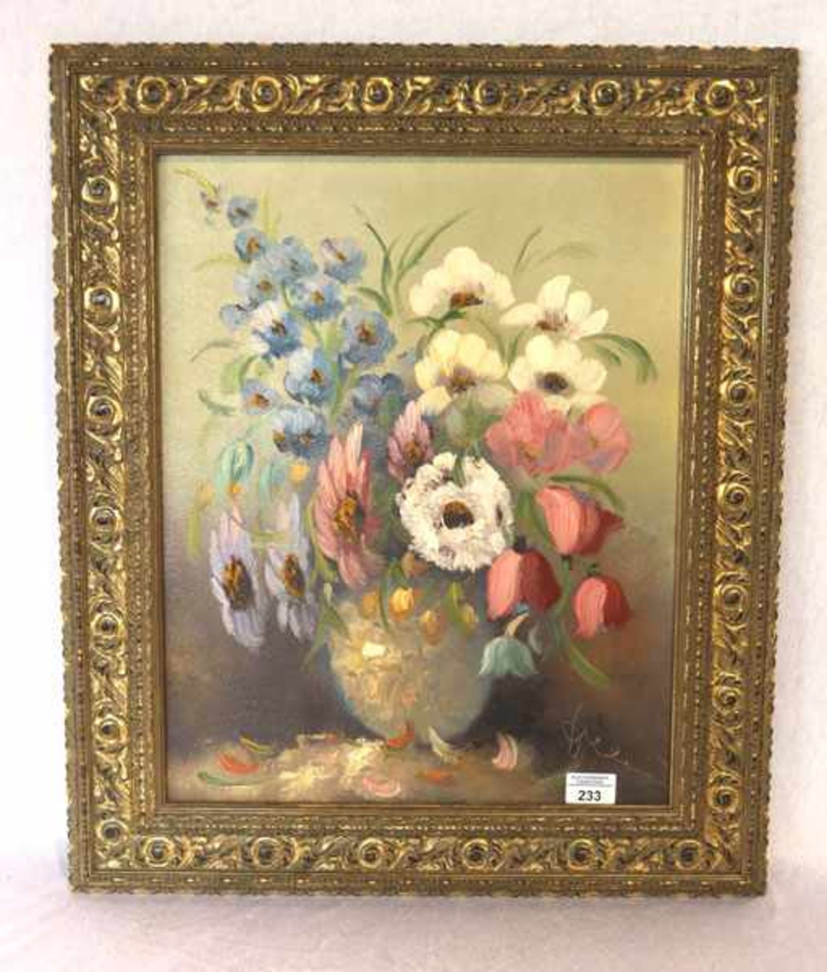 Gemälde ÖL/LW 'Blumenstillleben in Vase', undeutlich signiert, LW hat kleinen Riß, geklebt, gerahmt,