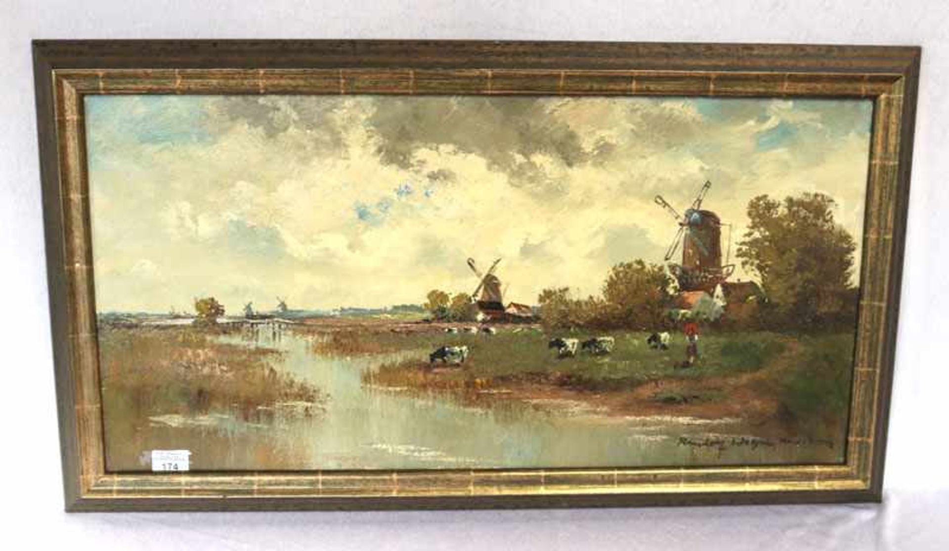 Gemälde ÖL/LW ' Holländische Fluß-Szenerie mit Windmühlen und Kühen', signiert Randolf Wehn,