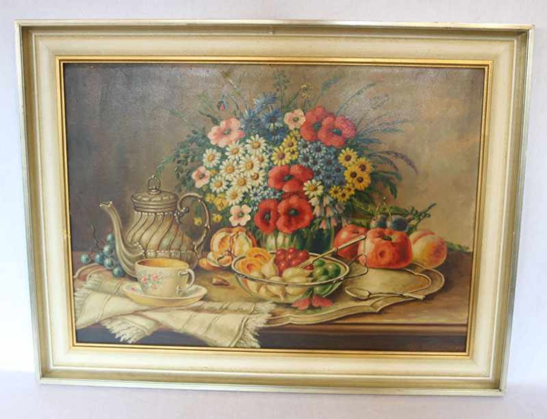 Gemälde ÖL/Malkarton 'Stillleben mit Blumen und Früchten', signiert Lutz, 1935, gerahmt Rahmen