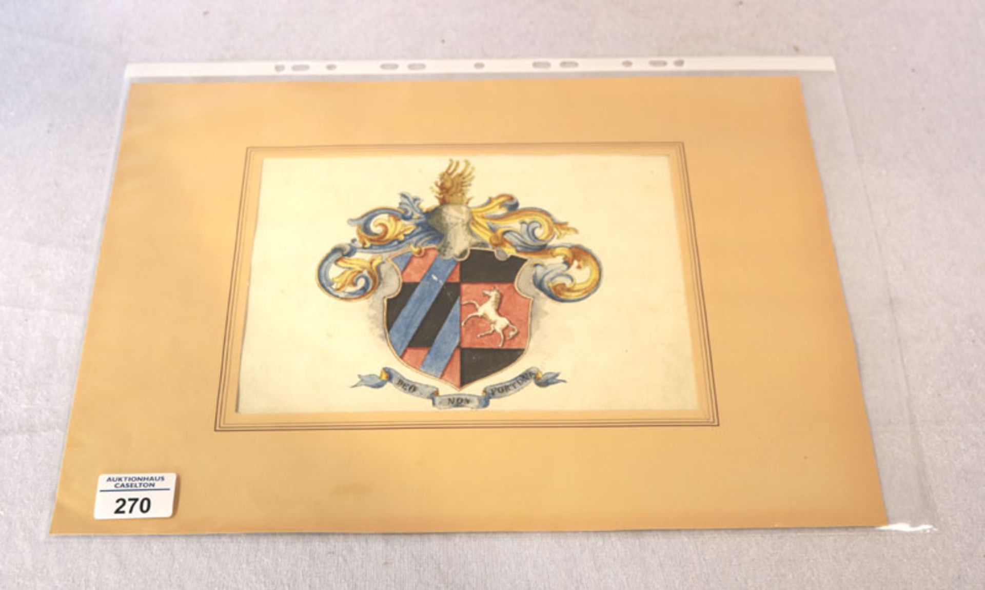 Zeichnung, aquarelliert 'Wappen mit Ritterhelm, Pferd und Fabeltier', in Passepartout, Blattgröße 22