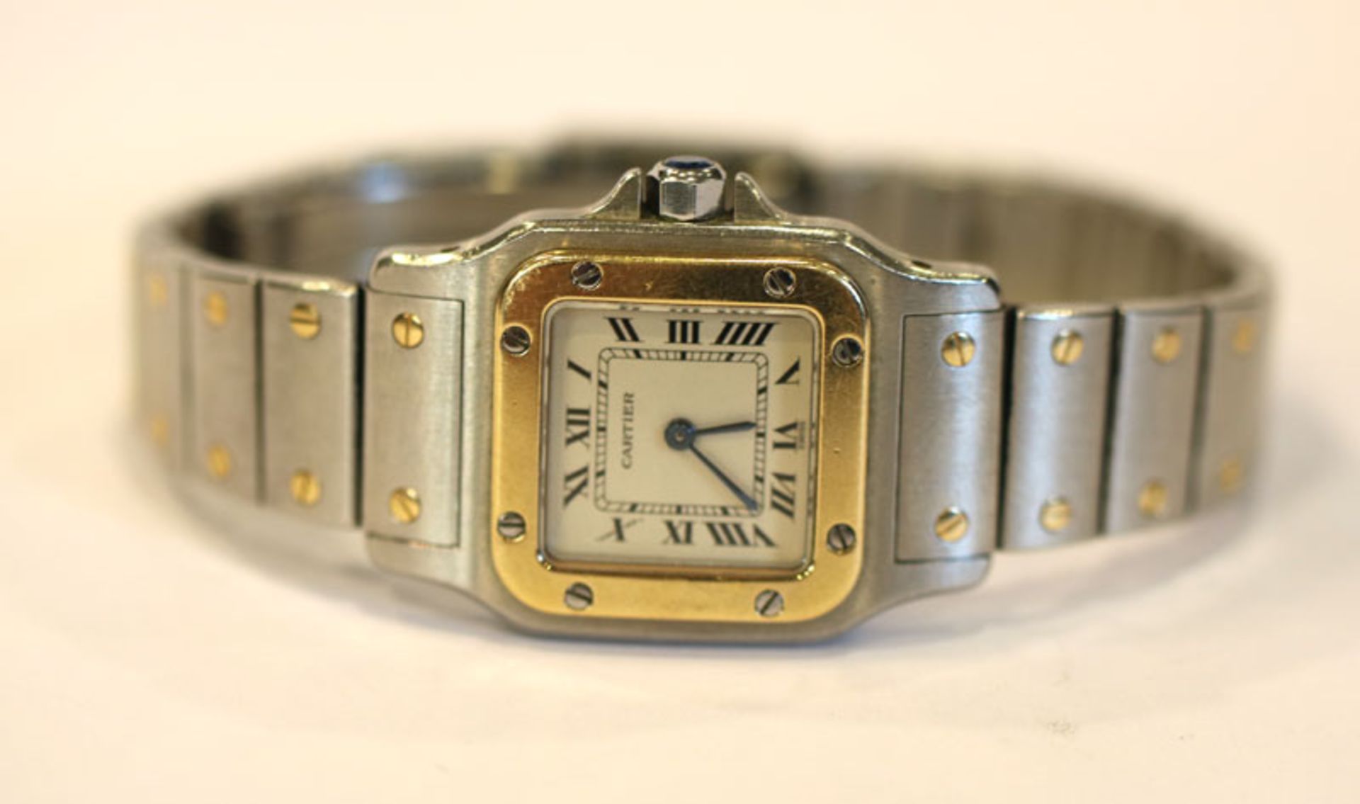 Cartier Santos Damen-Armbanduhr, Stahl/Gold, mit Papieren, neue Batterie, leichte Tragespuren
