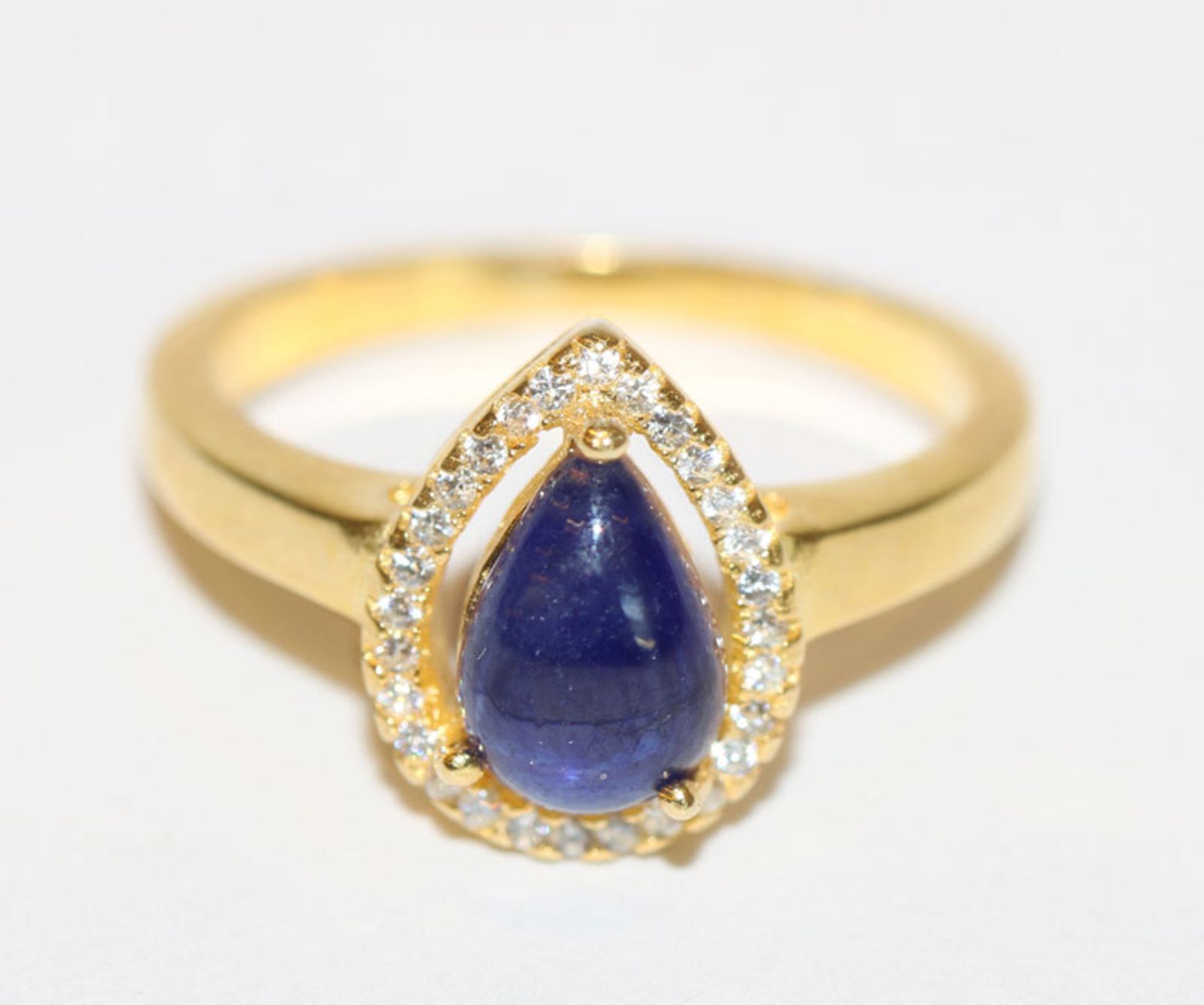 Silber/vergoldeter Ring mit Safir in Tropfenform, Gr. 55