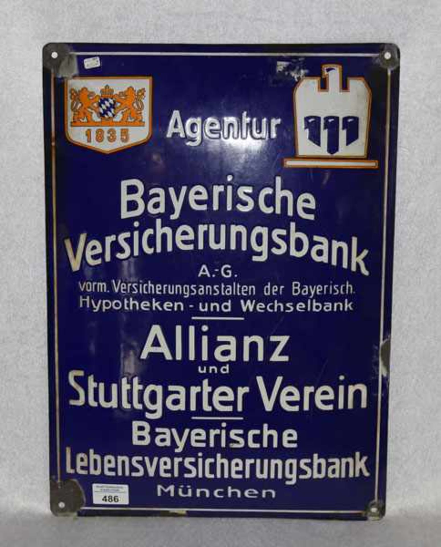 Emailschild 'Agentur Bayerische Versicherungsbank AG, Allianz ...', Email beschädigt, 50 cm x 36 cm