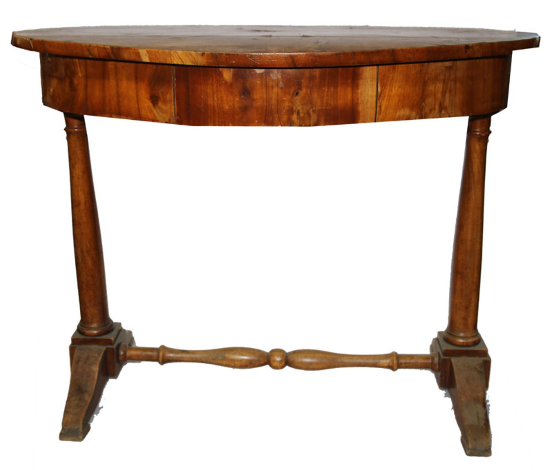 Ovaler Tisch auf Säulenfüßen mit gedrechselter Querstange, Korpus mit 1 Schublade, 19.