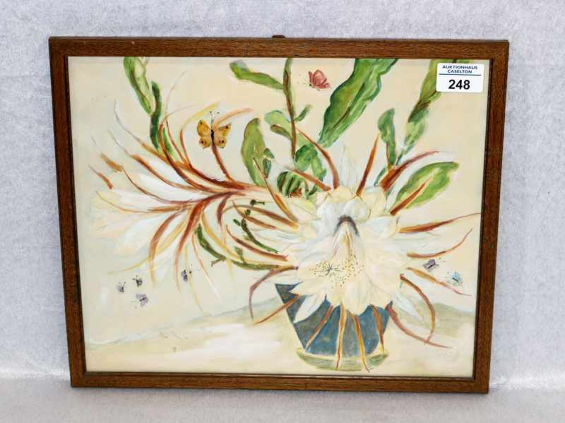 Aquarell 'Blumen mit Schmetterlingen', signiert E. Schärfl, unter Glas gerahmt, incl. Rahmen 31,5 cm