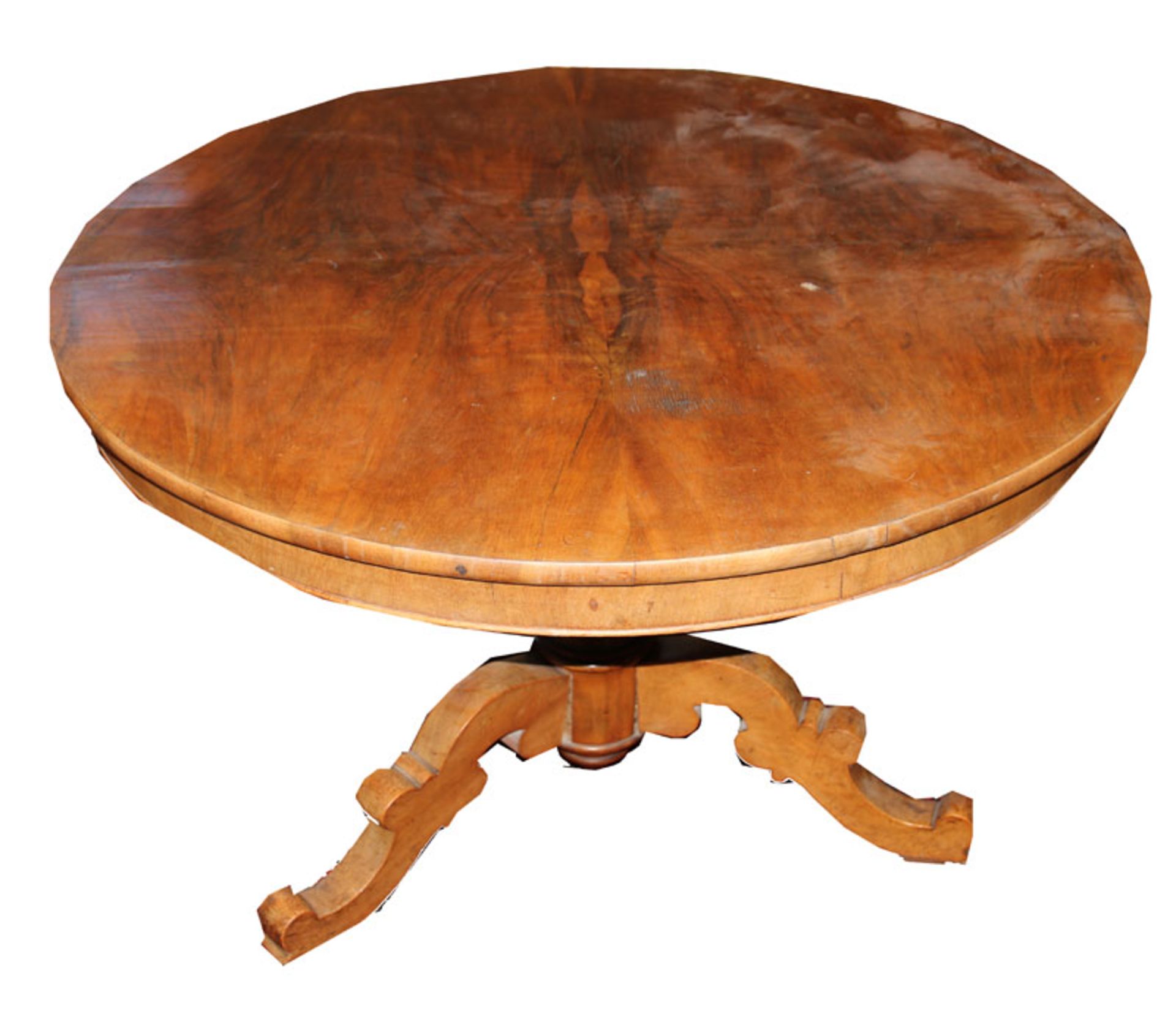Runder Tisch auf gedrechseltem Mittelfuß mit 3 Beinen und Rollen, 19. Jahrhundert, unrestaurierter
