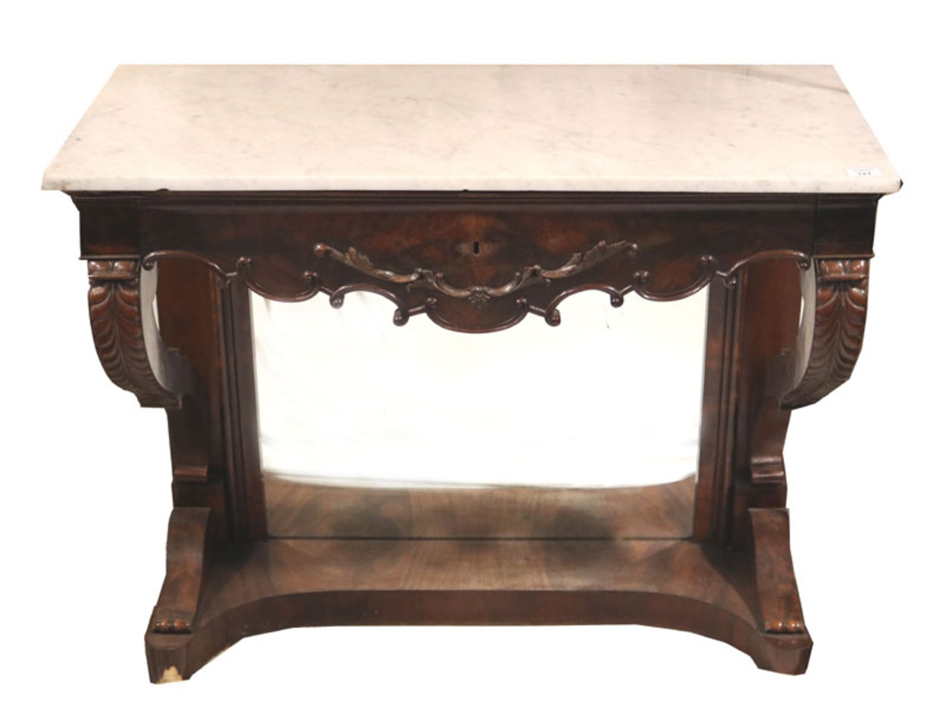 Wandtisch, Korpus mit einer Schublade, teils beschnitzt, Marmorplatte, Rückseite verspiegelt, 19.