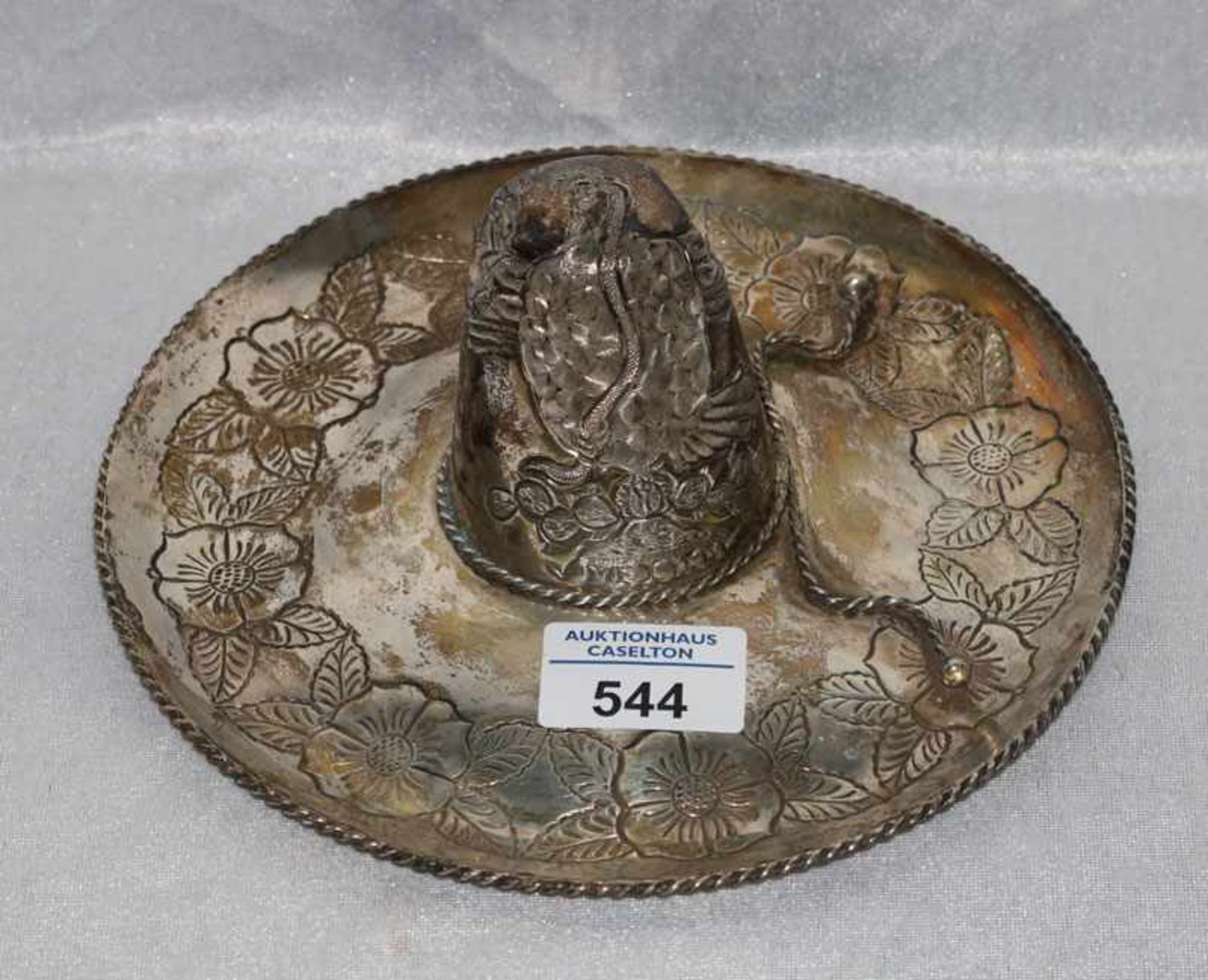 Mexikanischer Hut mit Reliefdekor und Gravur Mexico 73 Ernest Y Luise, Sterlingsilber, 241 gr., H