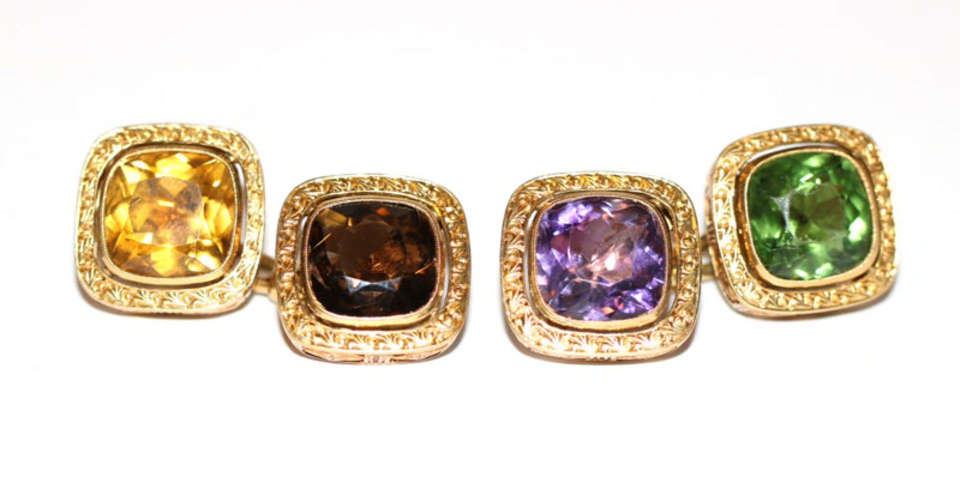 Paar 14 k (geprüft) Gelbgold Manschettenknöpfe mit Gold- und Rauchtopas, Amethyst und Turmalin,