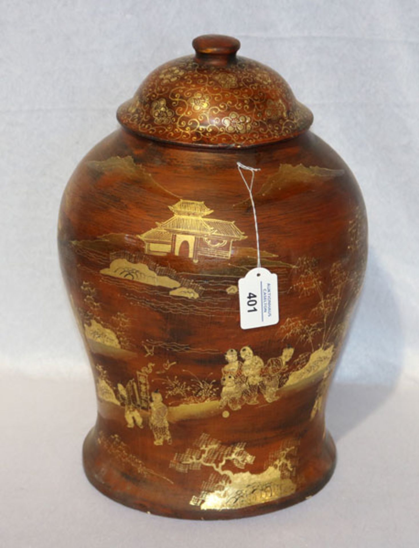 Lack-Deckelvase, China, braun mit goldenem Figuren- und Landschafts-Dekor, H 40 cm, D 28 cm,