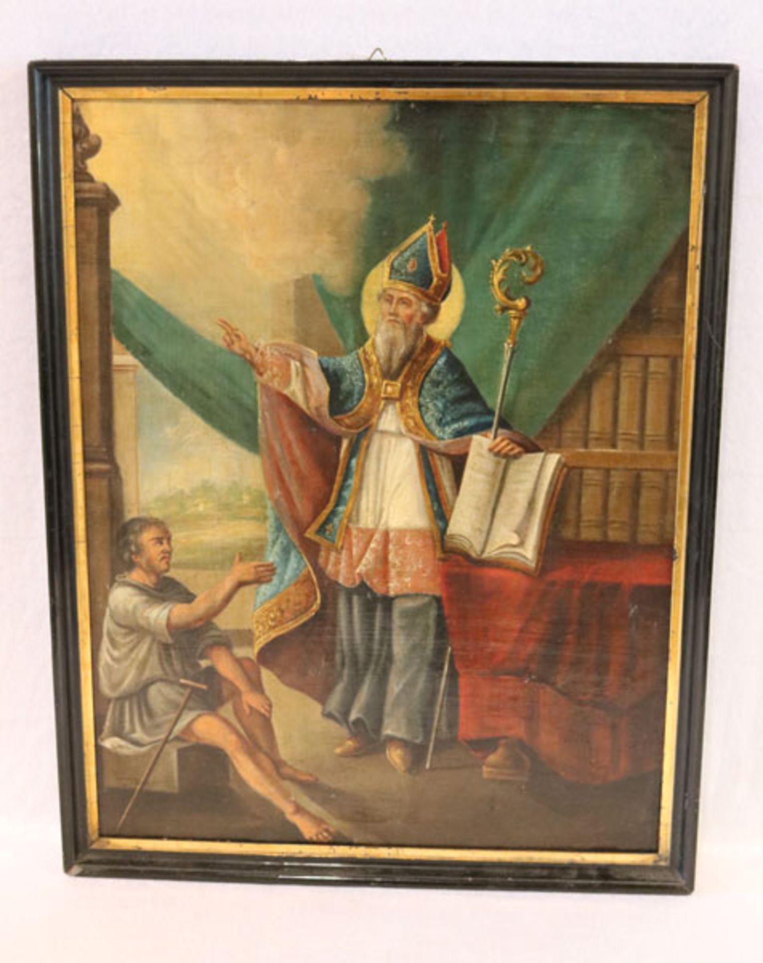Gemälde ÖL/LW 'Heiliger Nikolaus', LW hat Farbablösungen und Reparaturstellen, um 1800, gerahmt,