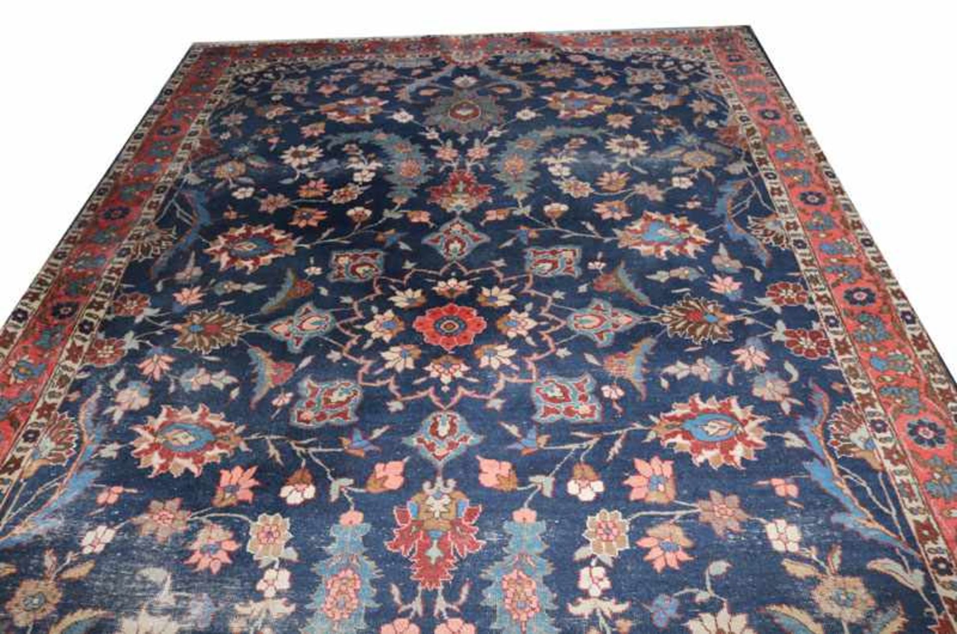 Teppich, Maslaghan, blau/bunt, starke Gebrauchsspuren, abgetreten, 338 cm x 228 cm