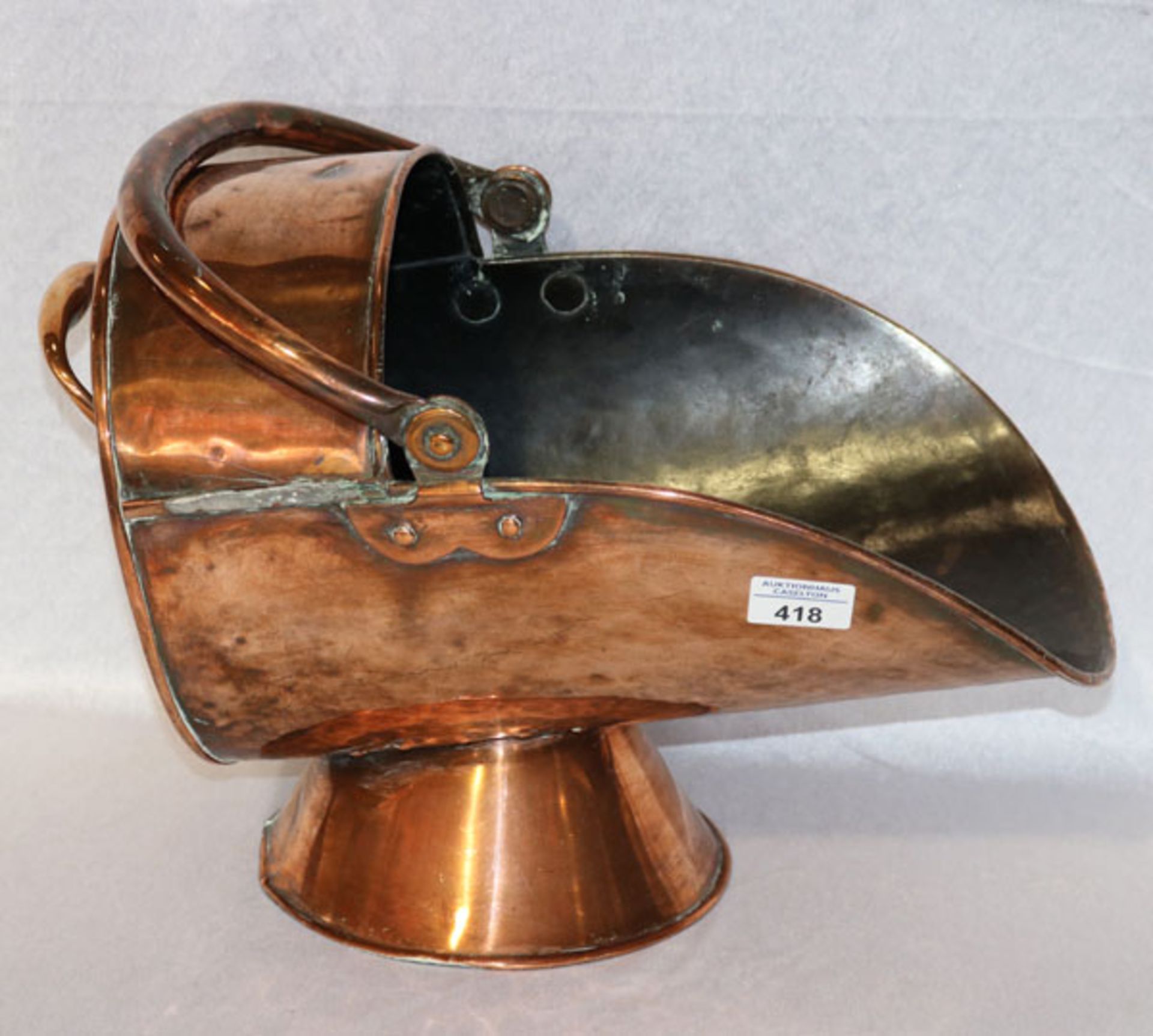 Kupfer Kohlenschippe, H 38 cm, B 26 cm, T 43 cm, Gebrauchsspuren