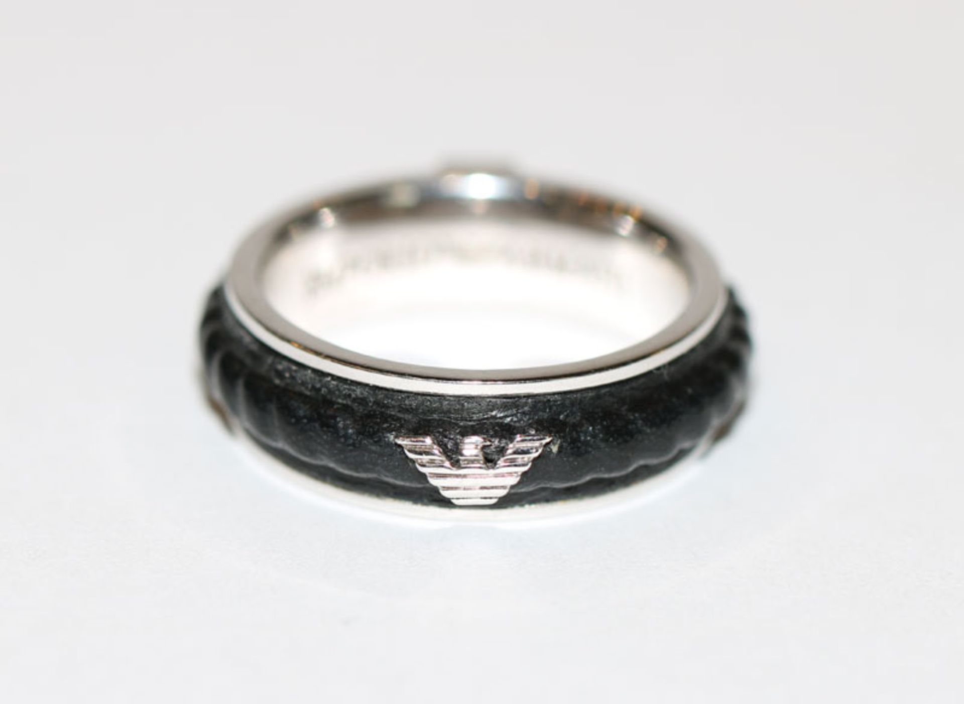 Emporio Armani Silber Ring mit Ledereinsatz, Gr. 63