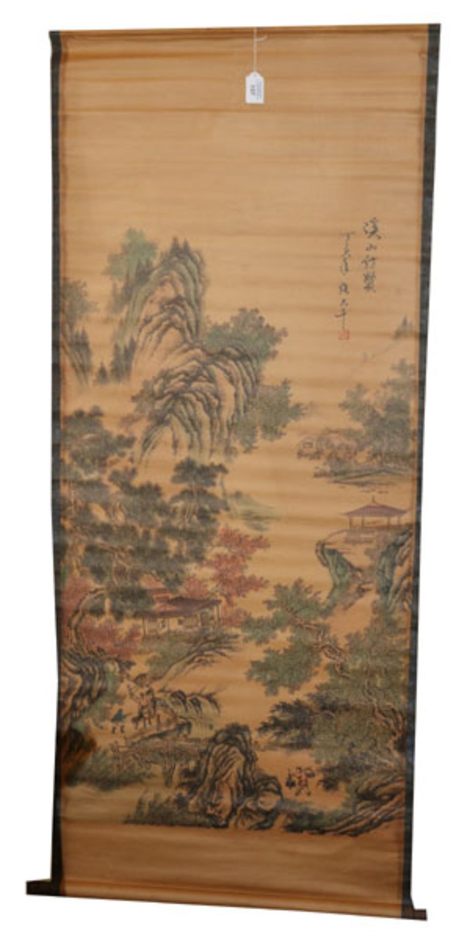 Asiatisches Rollenbild 'Landschafts-Szenerie mit Schriftzeichen', 157 cm x 65 cm, Altersspuren,