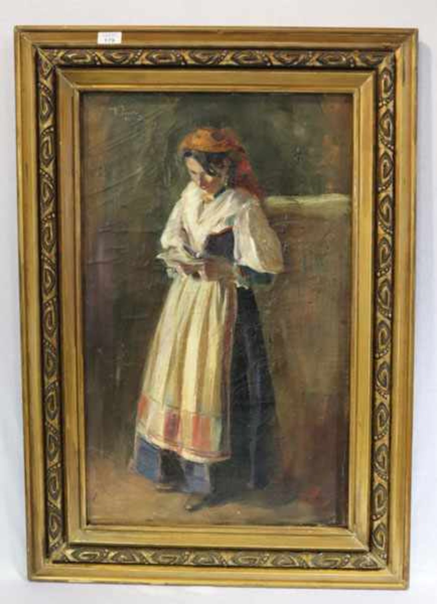 Gemälde ÖL/LW 'Frau in Tracht mit Buch', undeutlich signiert, 19. Jahrhundert, kleinere