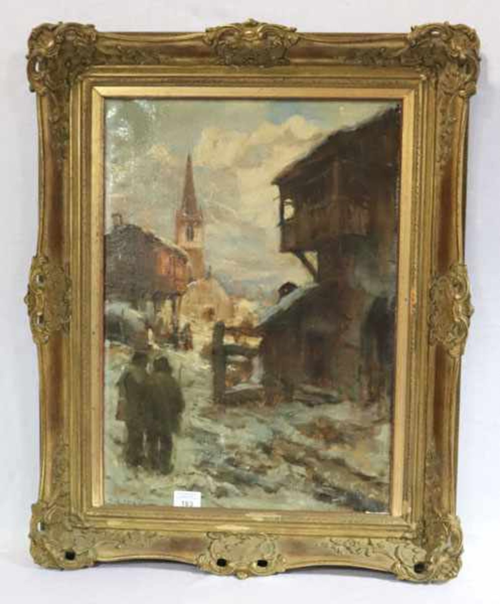 Gemälde ÖL/LW 'Kirchgang in Gebirgsdorf', signiert V. A. (Vittorie Antonio) Cargnel, * 1872