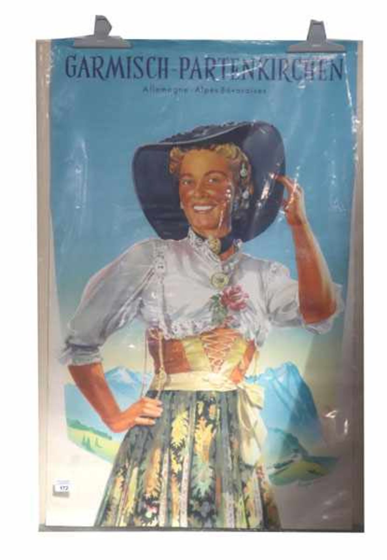 Originalplakat 'Garmisch-Partenkirchen', Allemagne Alpes Bavaroises, Junge Frau in der Tracht vor