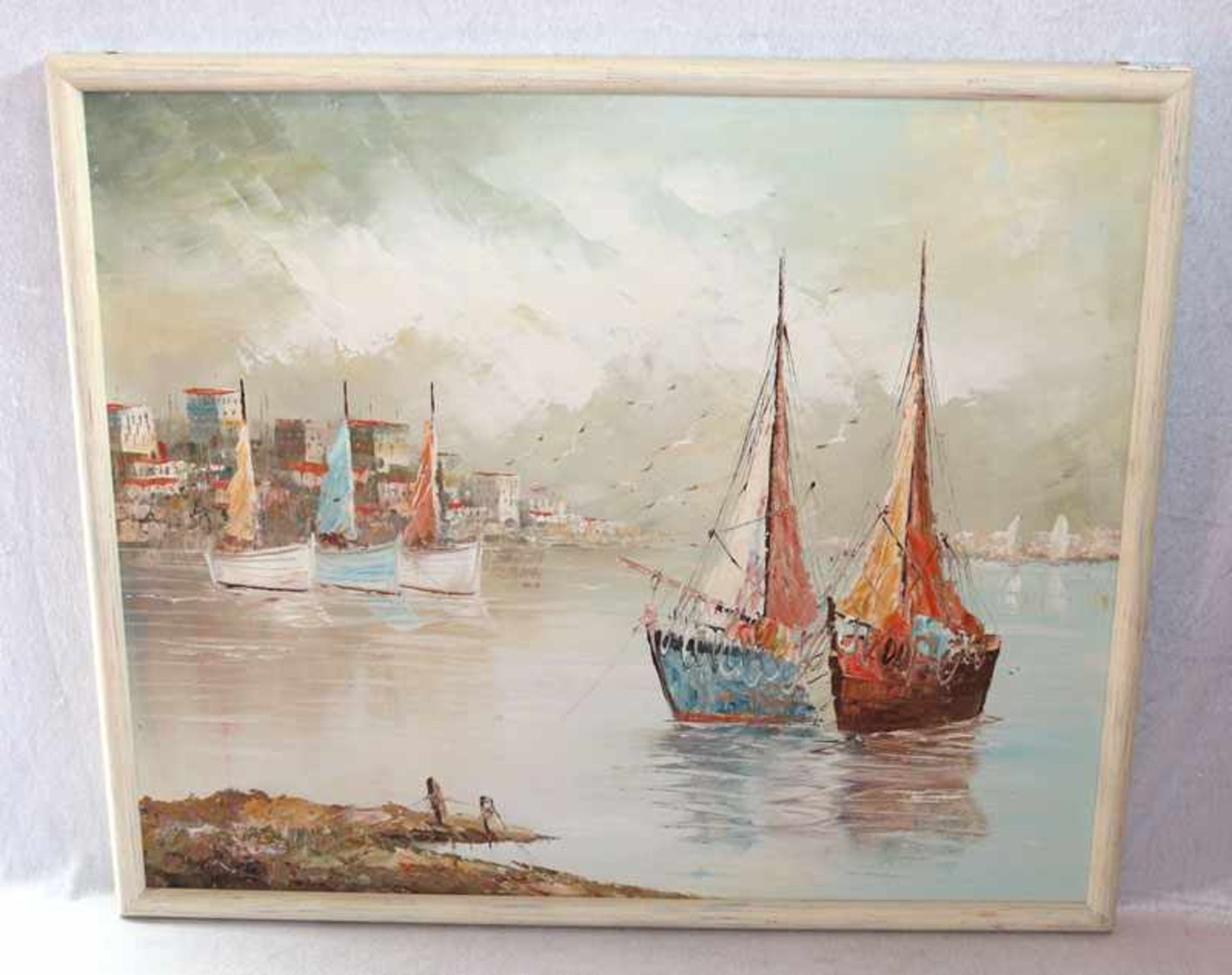 Gemälde ÖL/Karton 'Südliche Küsten-Szenerie mit Segelbooten', gerahmt, incl. Rahmen 54,5 cm x 64,5