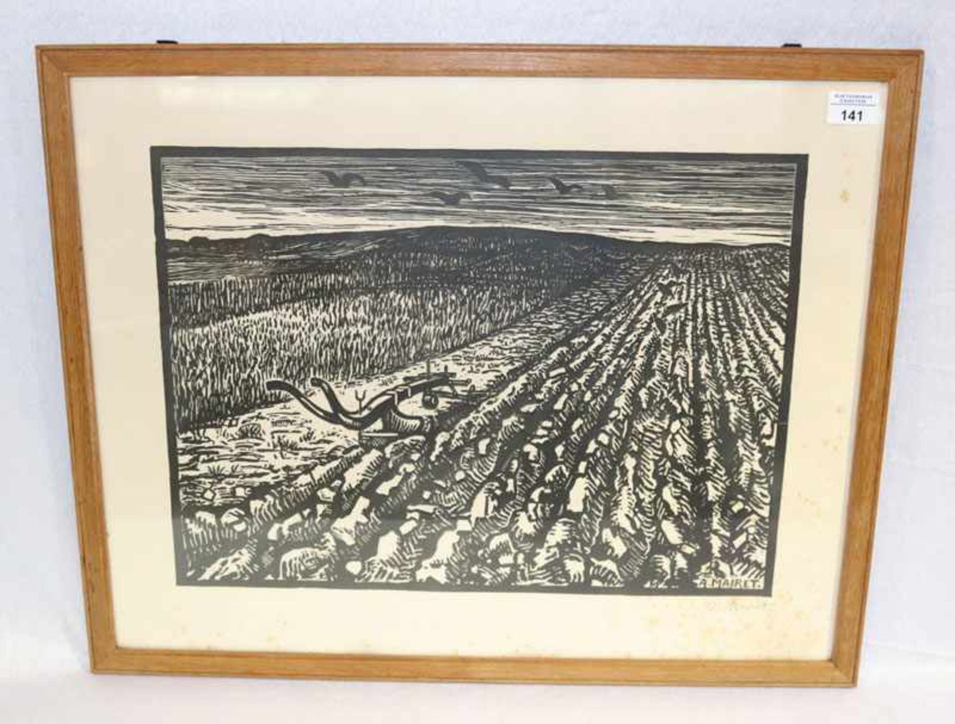 Holzschnitt 'Landschafts-Szenerie', signiert A. (Alexandre) Mairet, * 1880 La Tour-de-Peilz + 1947