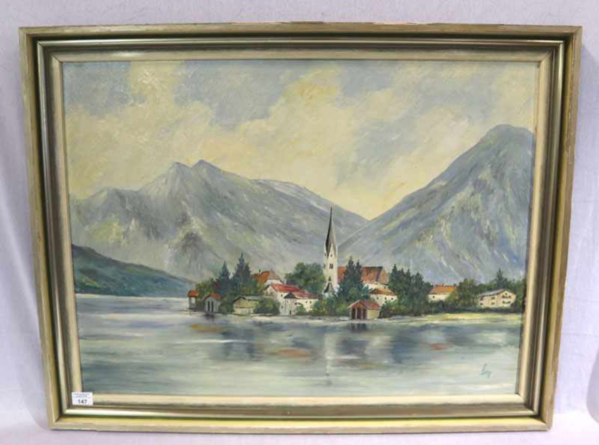 Gemälde ÖL/Karton 'Tegernsee', signiert Giese ?. gerahmt, Rahmen beschädigt, incl. Rahmen 70 cm x 91