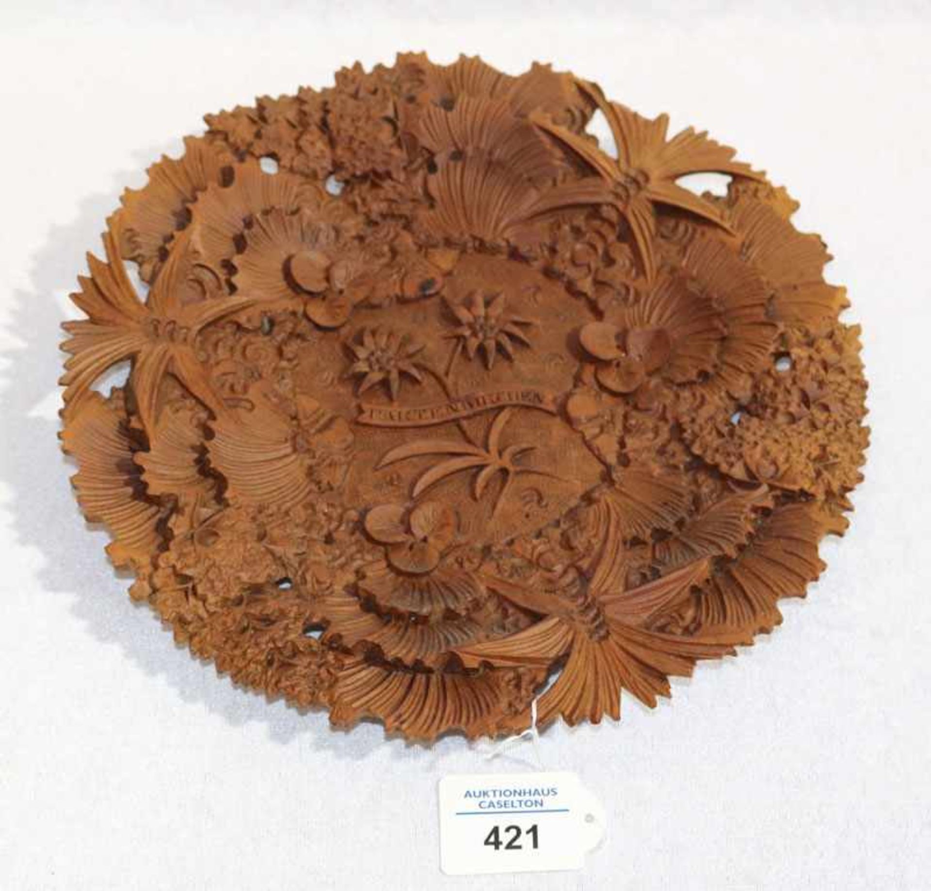 Holz Reliefteller mit Blumendekor, Partenkirchen, D 28 cm