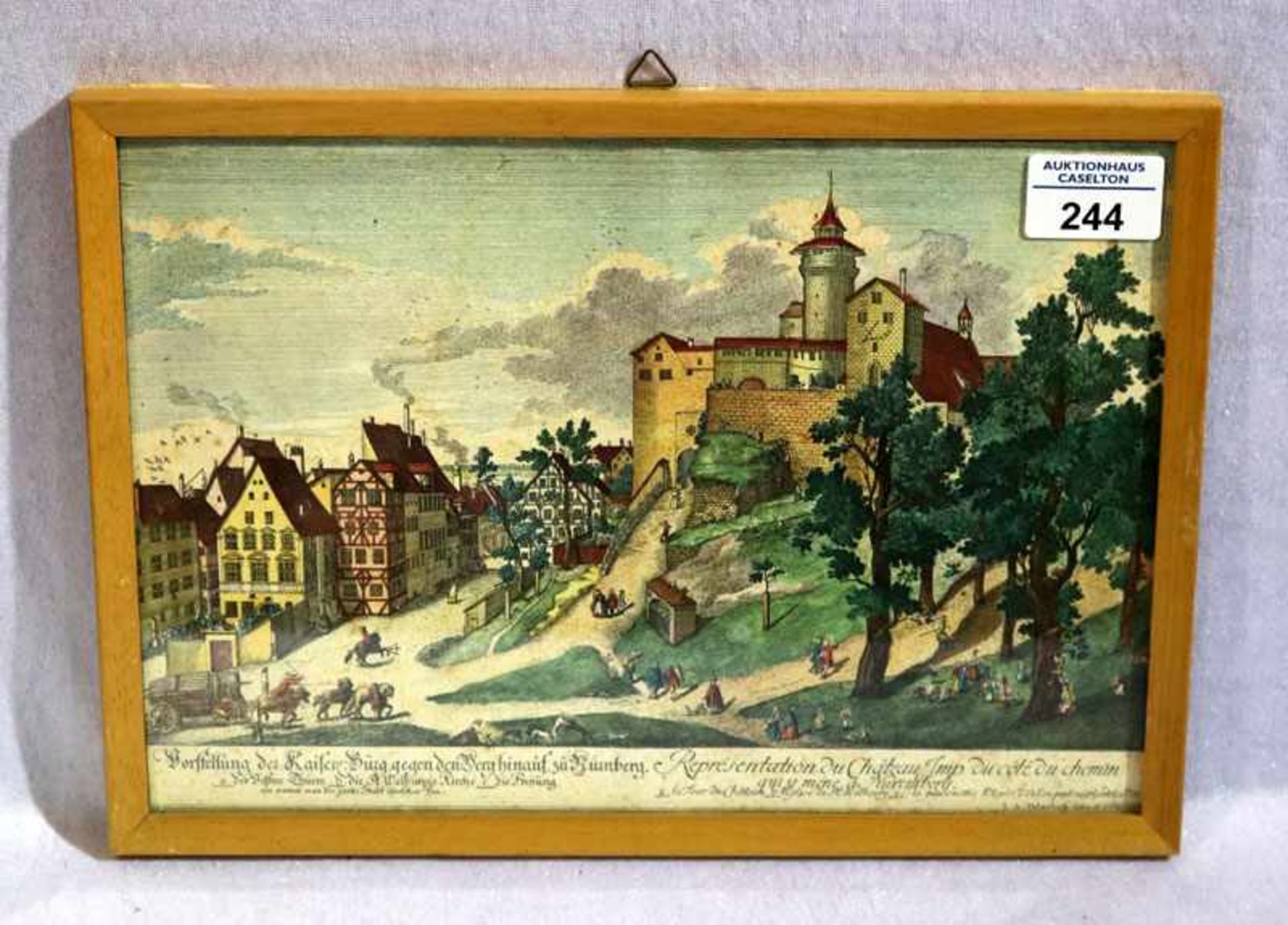 Druck, coloriert, 'Kaiserburg zu Nürnberg', Blatt hat Stockflecken, unter Glas gerahmt, incl. Rahmen