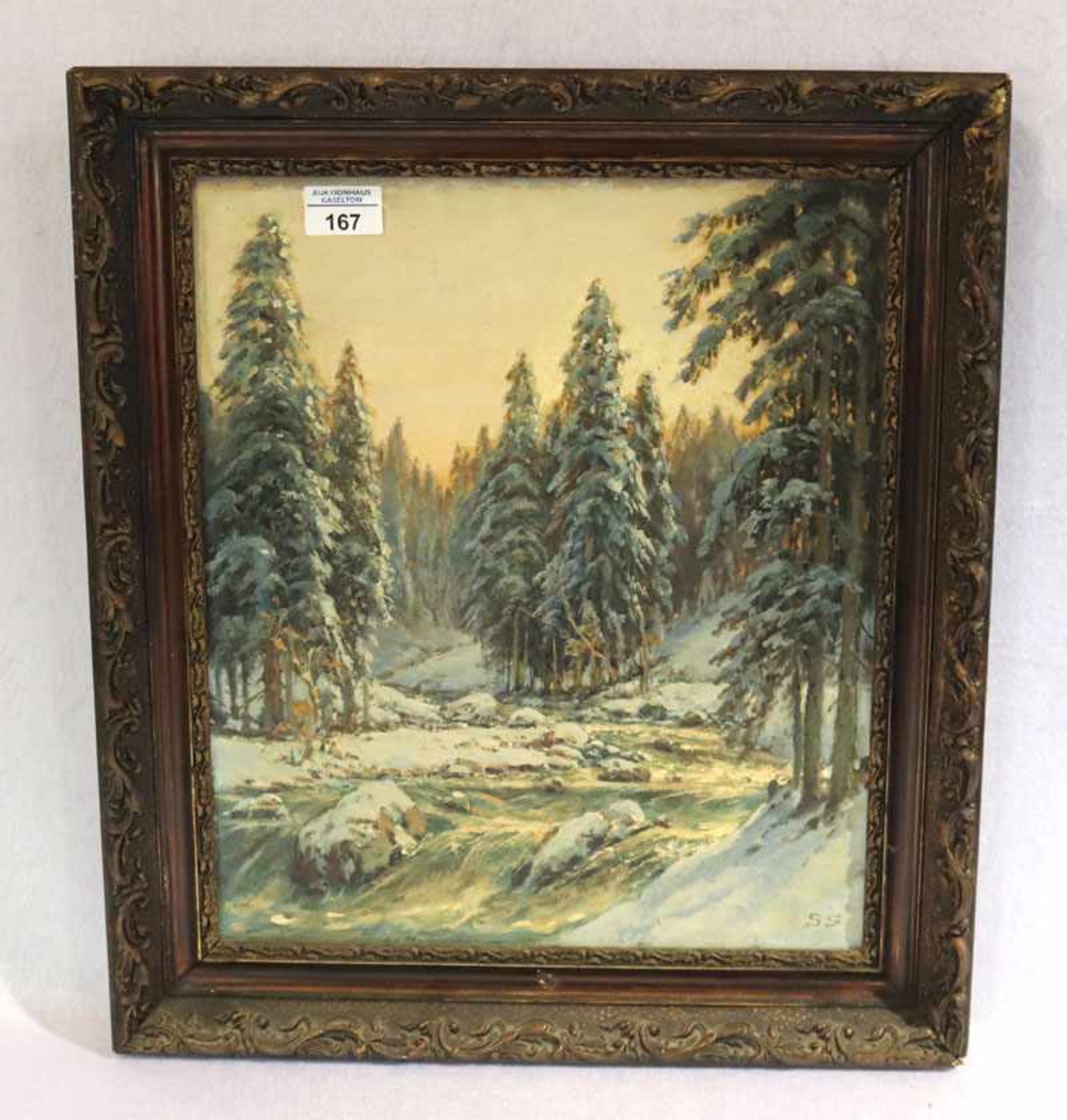 Gemälde ÖL/Malkarton 'Winterwald mit Bachlauf', monogrammiert SS für Karl Schmitz-Schulten, * 1870 +