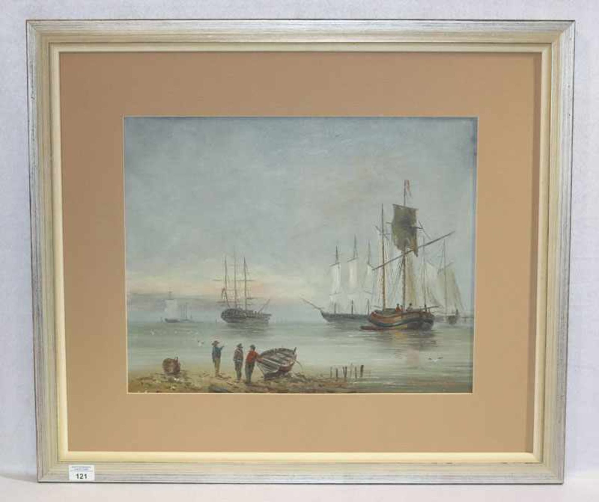 Gemälde ÖL/Karton 'Küsten-Szenerie mit Segelbooten', undeutlich signiert, gerahmt, Rahmen leicht