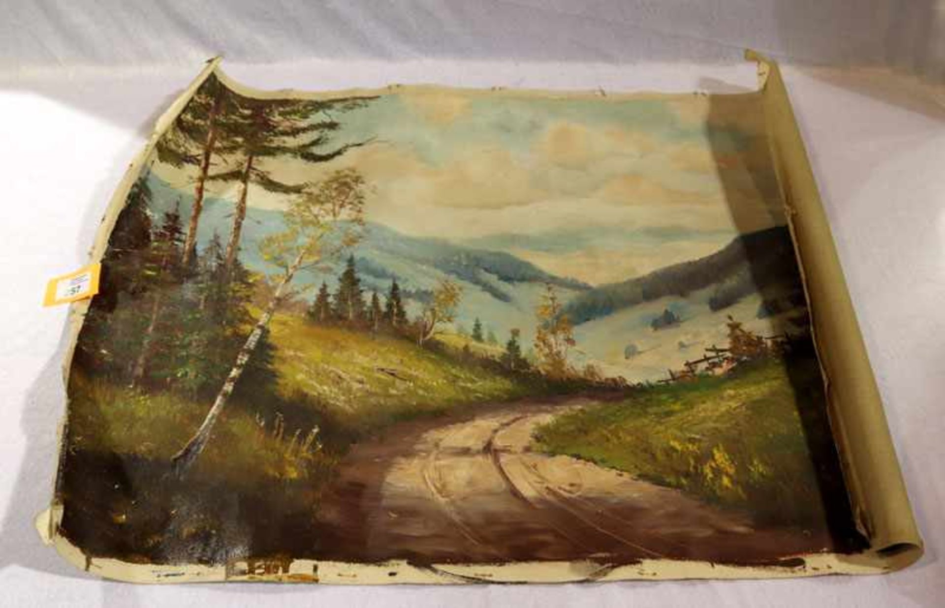 Gemälde ÖL/LW 'Landschafts-Szenerie', signiert J. Muhr, beschädigt, ohne Rahmen 58 cm x 78 cm