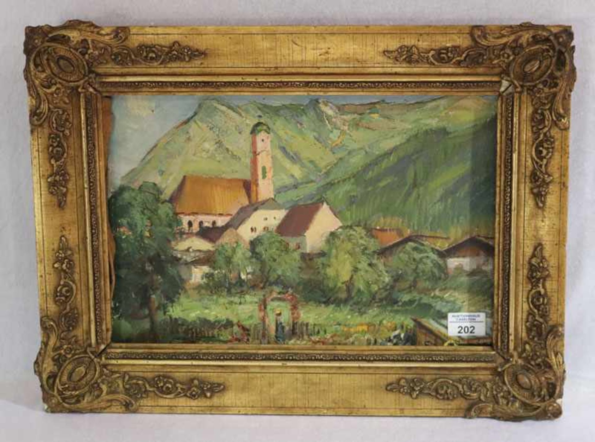 Gemälde ÖL/LW 'Ansicht von Mittenwald mit Kirche', attr. Wil Howard, * 1879 Leipzig + 1945
