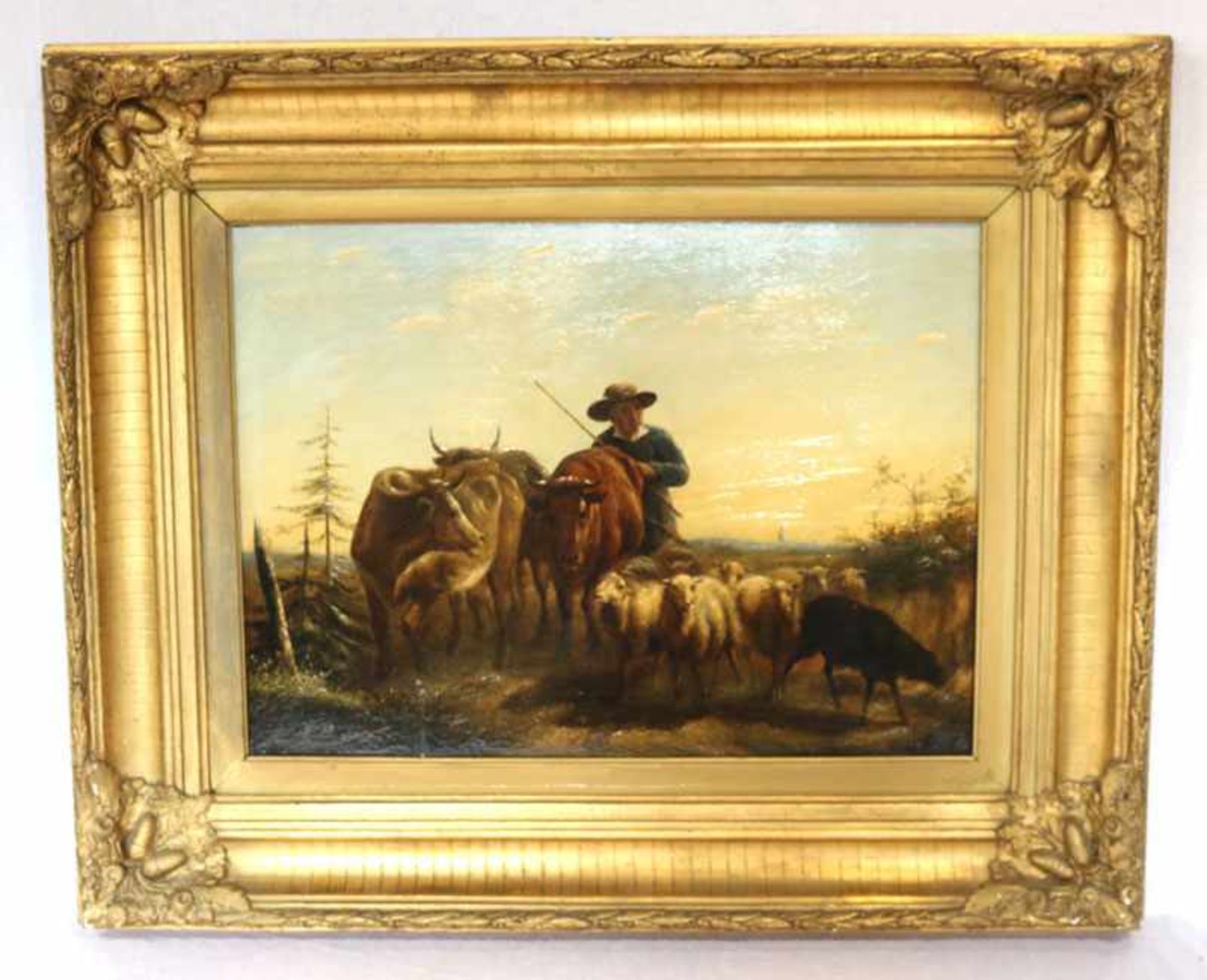 Gemälde ÖL/Holz 'Schäfer-Szenerie - Hirte mit Rindern und Schafen', undeutlich signiert, um 1900,
