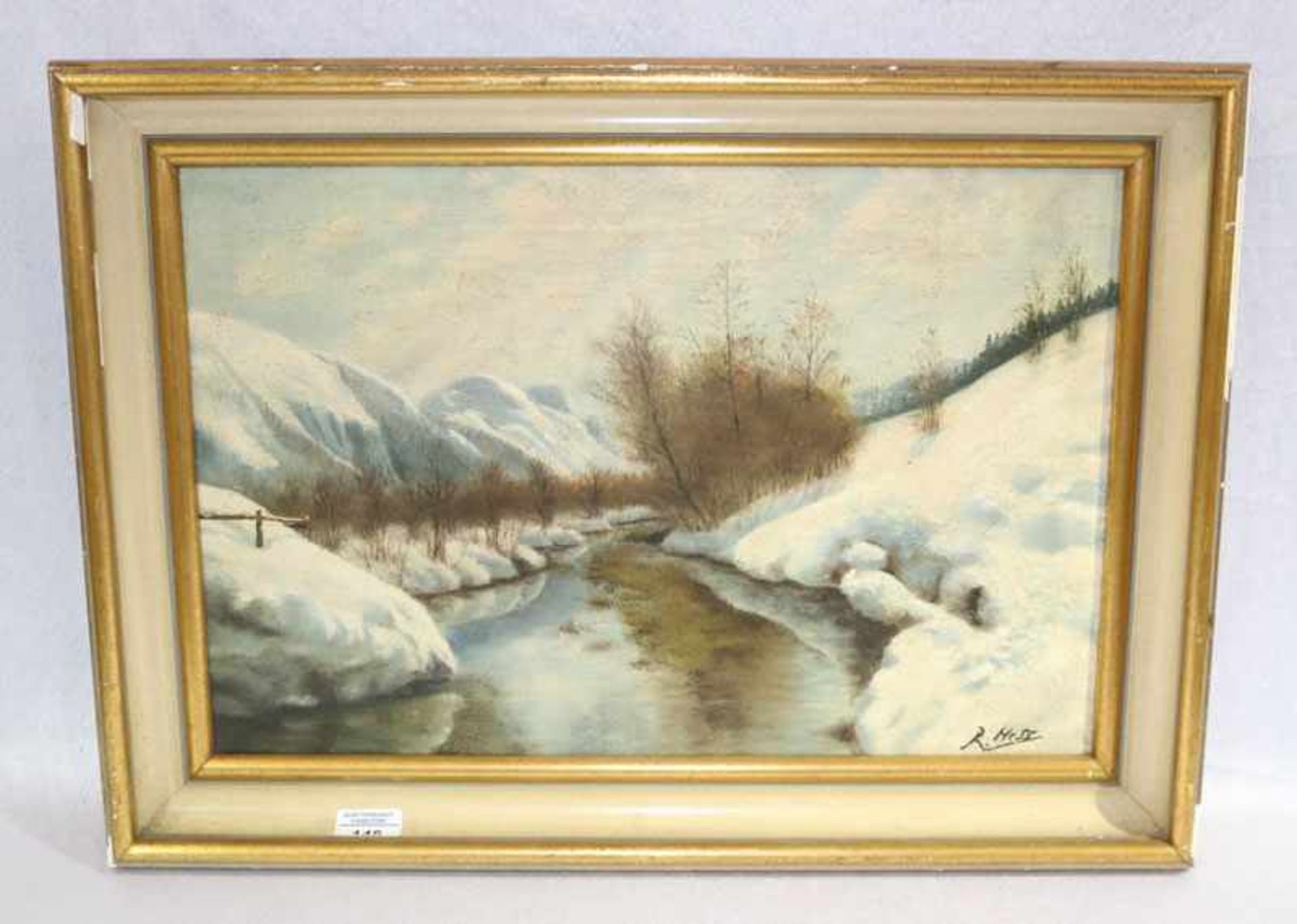 Gemälde ÖL/LW 'Winterlandschaft mit Bachlauf', signiert R. Hess, Reinhard Hess, deutscher Maler, *